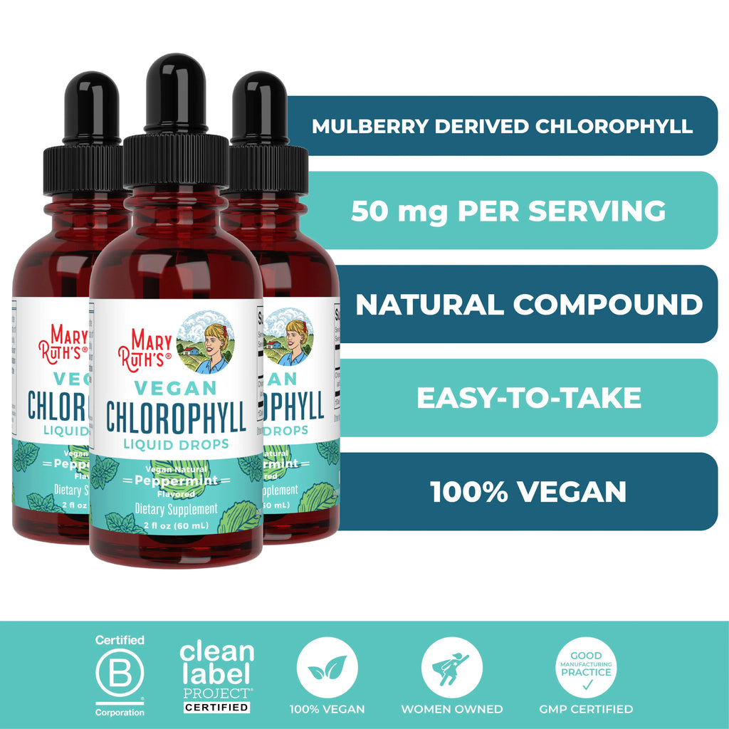 2-Piece Set MaryRuth's Vegan Chlorophyll Liquid Drops - Non-Diluted Liquid Chlorophyll - Mulberry Derived Supplement - Non-GMO - Delicious Minty Flavor - 2 Fl Oz