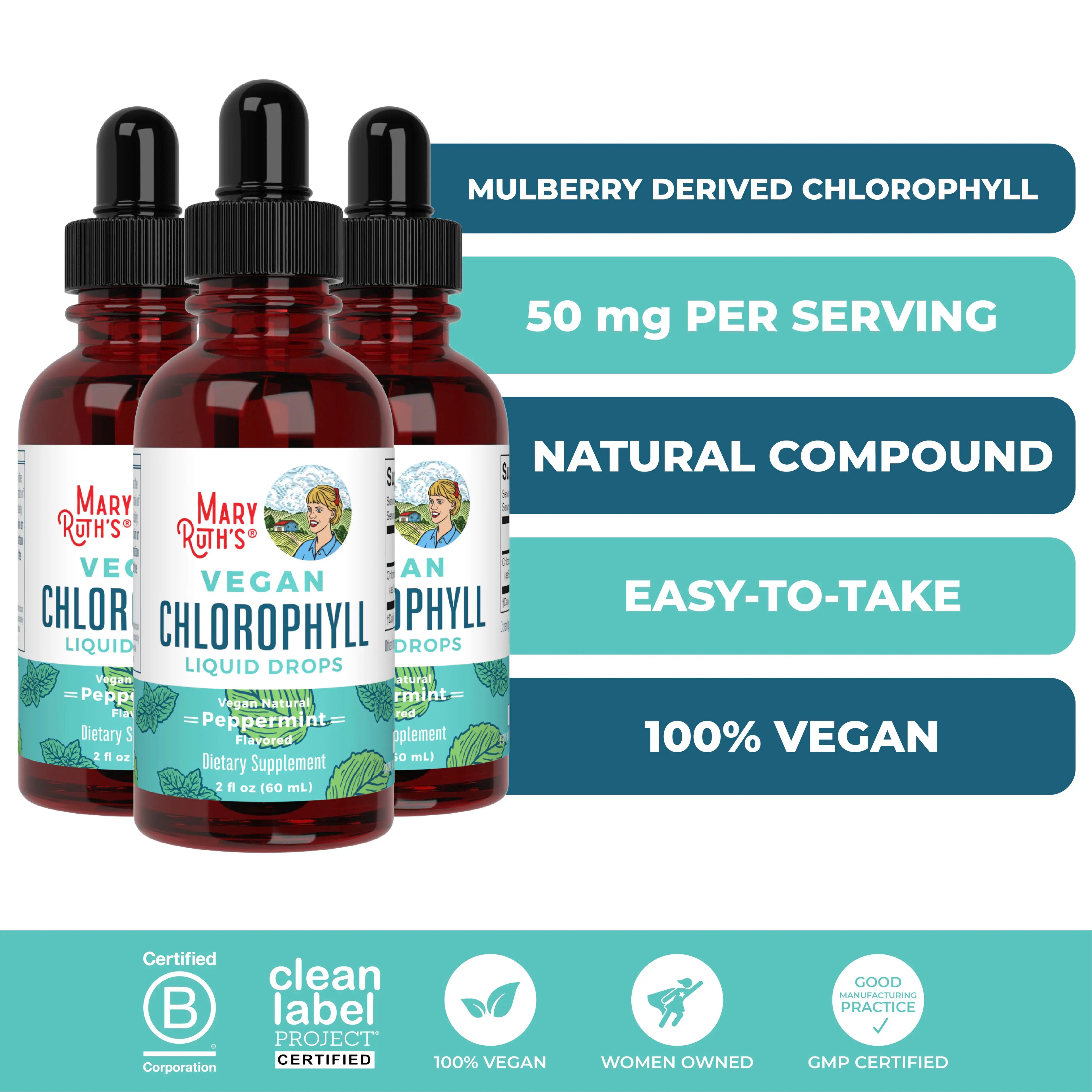 2-Piece Set MaryRuth's Vegan Chlorophyll Liquid Drops - Non-Diluted Liquid Chlorophyll - Mulberry Derived Supplement - Non-GMO - Delicious Minty Flavor - 2 Fl Oz