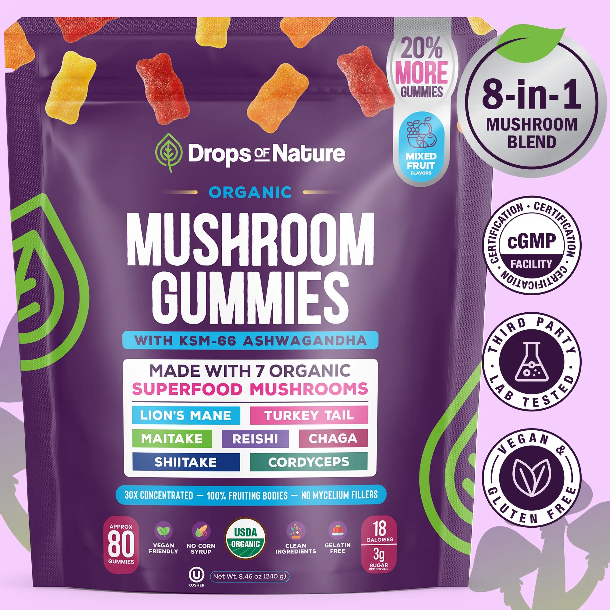 2-Piece Set Drops Of Nature Ashwagandha KSM-66, Reishi, Lions Mane, Shiitake, Cordyceps, Turkey Tail, Maitake, Chaga Supplement Gummies - Mixed Fruits, 80 Gummies