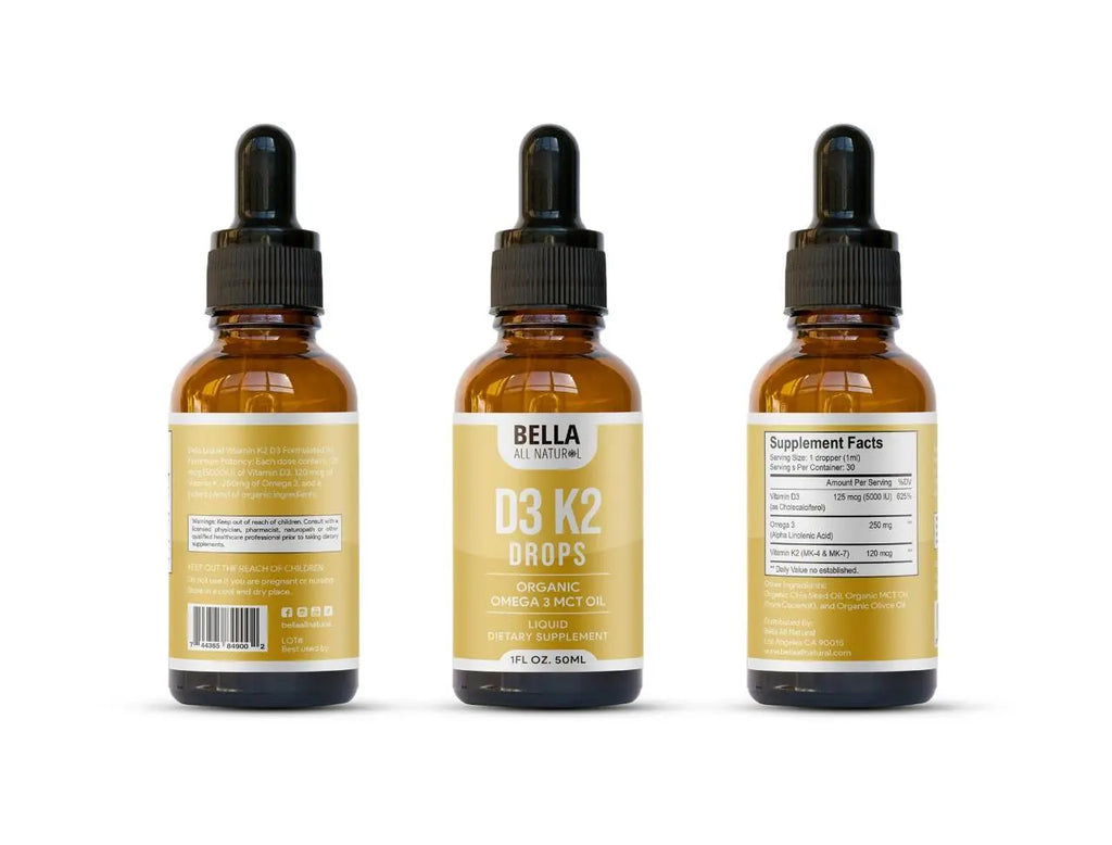 2-Piece Set Bella All Natural D3 K2 Drops Organic Omega 3 MCT Oil 50ml Supplement for Daily Health Needs