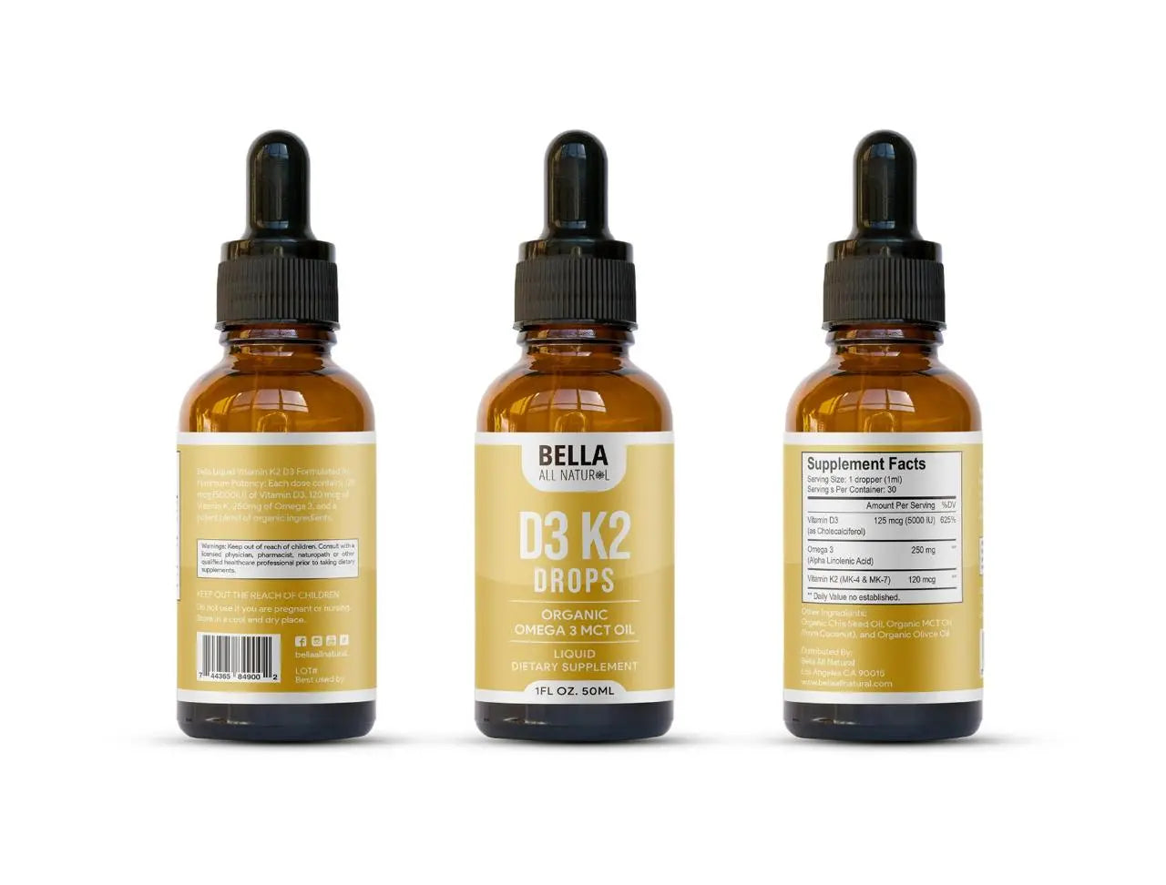 2-Piece Set Bella All Natural D3 K2 Drops Organic Omega 3 MCT Oil 50ml Supplement for Daily Health Needs
