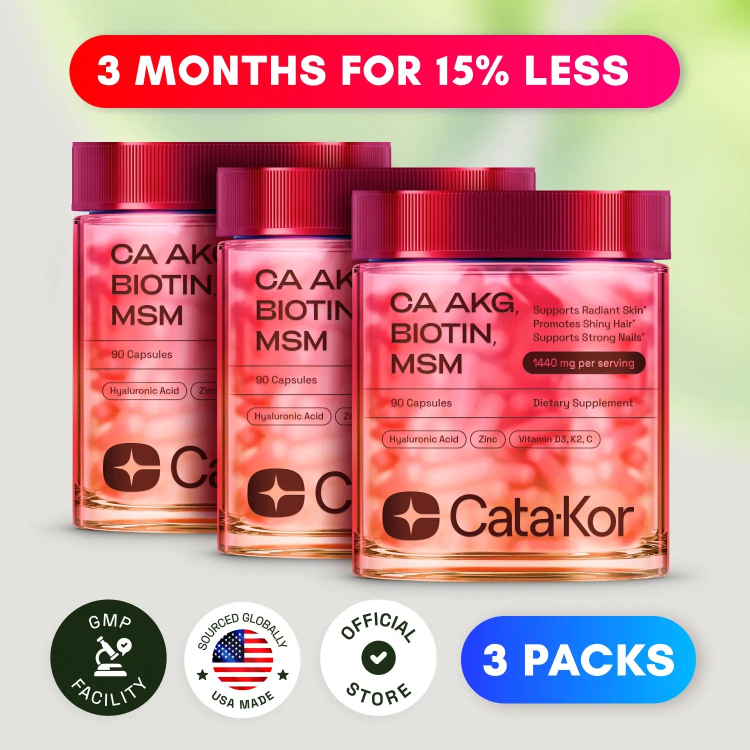 2-Piece Set Cata-Kor Skin, Hair & Nails Supplement – Ca AKG | MSM | Hyaluronic Acid | Biotin – Supports Radiant Skin, Promotes Shiny Hair & Strong Nails – Beauty Complex, Dietary Supplement