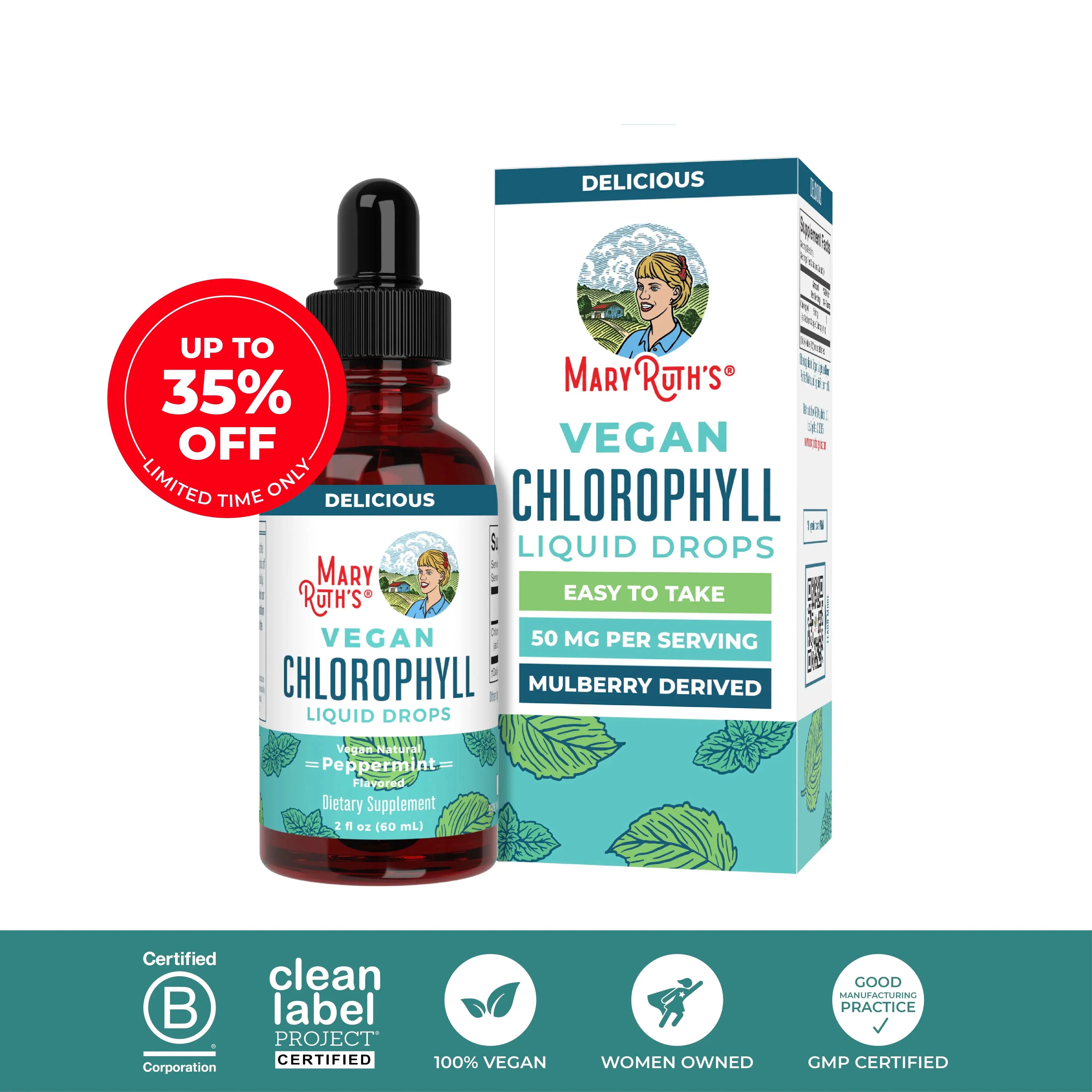 2-Piece Set MaryRuth's Vegan Chlorophyll Liquid Drops - Non-Diluted Liquid Chlorophyll - Mulberry Derived Supplement - Non-GMO - Delicious Minty Flavor - 2 Fl Oz