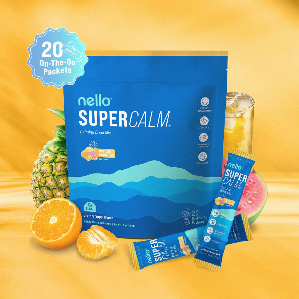 2-Piece Set Nello Supercalm Calming Drink Mix with KSM-66 Ashwagandha Vitamin D3 Magnesium & L-Theanine Supports Cortisol Balance Mood Sleep 20 Servings Travel Packets Dietary Supplement