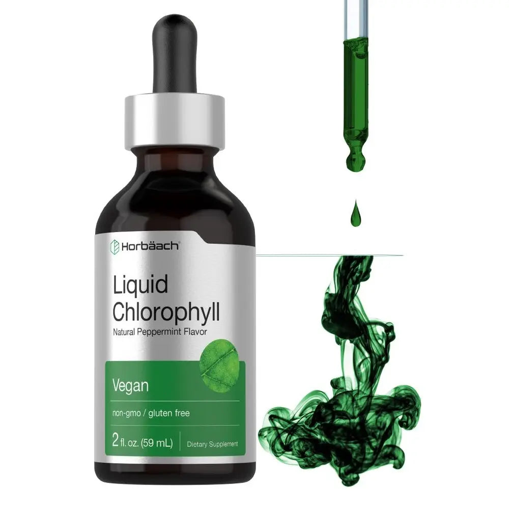 2-Piece Set Horbäach Liquid Chlorophyll Drops - 2 oz - Vegan, Non-GMO, and Gluten Free Formula - Natural Peppermint Flavor