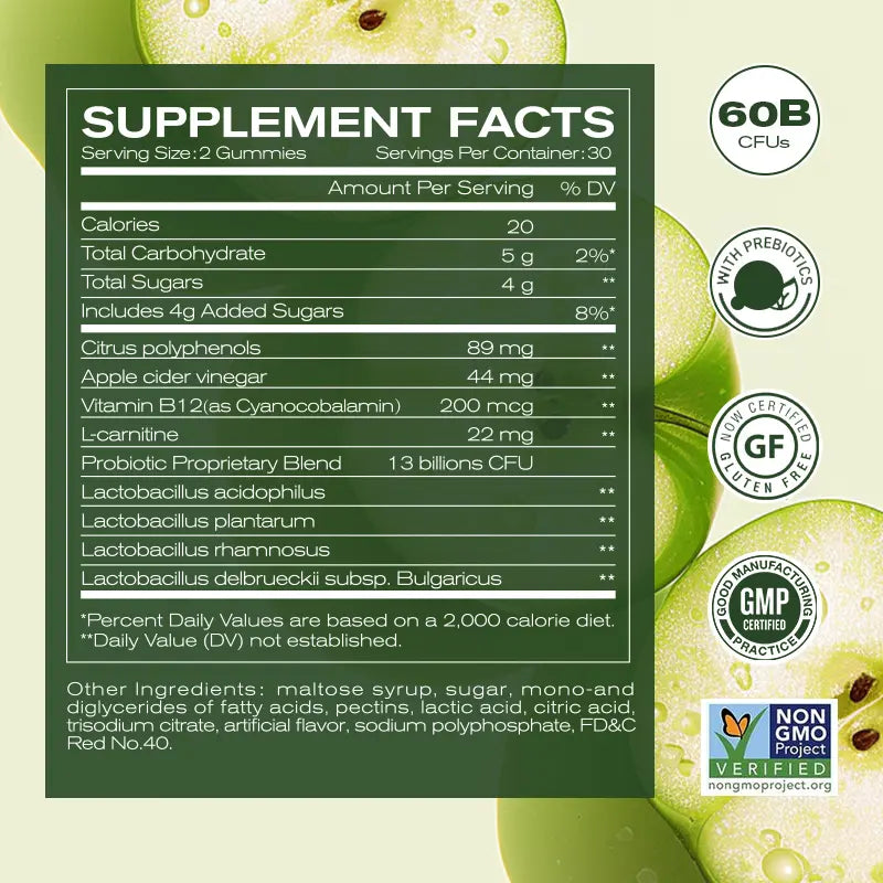 2-Piece Set Apple Cider Vinegar Gummy VitaminsCount - Vitamin B12, Gelatin-Free, Gluten-Free, Vegan & Non-GMO,ACV Supplement | Apple Flavor Optimum Edible Dietary Fitness
