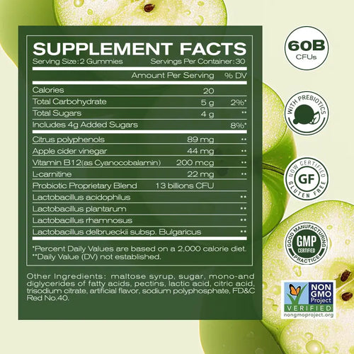 2-Piece Set Apple Cider Vinegar Gummy VitaminsCount - Vitamin B12, Gelatin-Free, Gluten-Free, Vegan & Non-GMO,ACV Supplement | Apple Flavor Optimum Edible Dietary Fitness