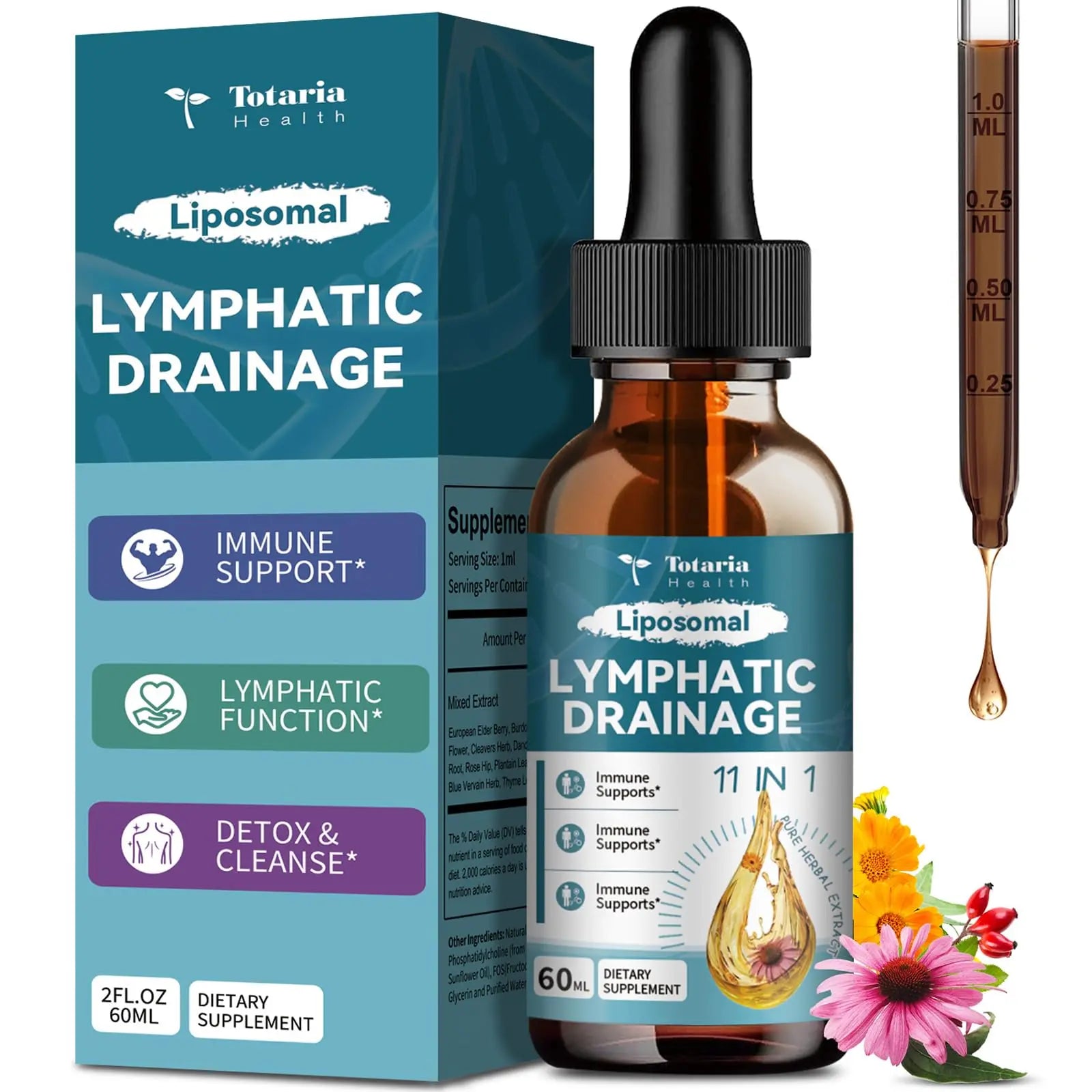 2-Piece Set Totaria Liposomal Lymphatic Drainage Drops - 11 In 1 Organic Supplement with Burdock Root, Echinacea, Elderberry, Calendula, Cleavers Herb, Dandelion Supports Lymphatic Health 2 FL.OZ Healthcare Natural