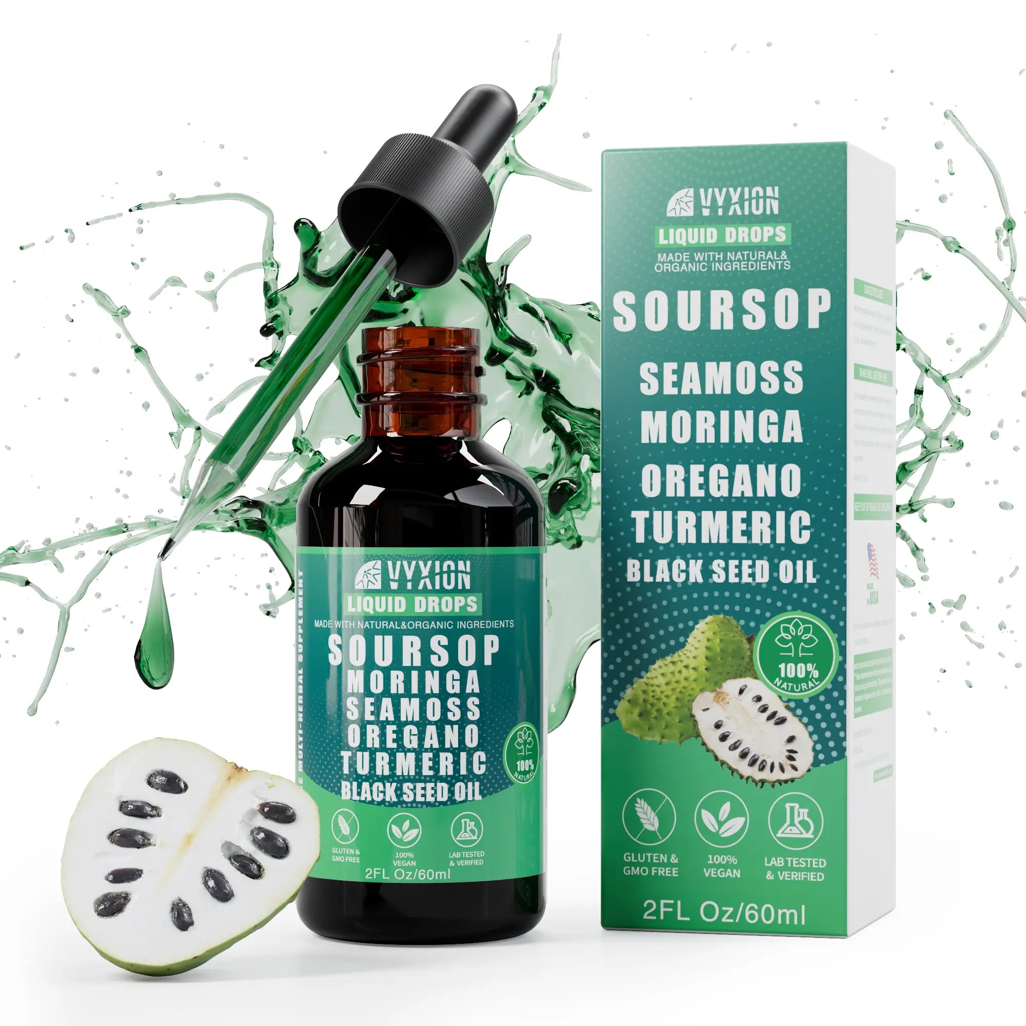 2-Piece Set VYXION Pure Soursop 10 in 1 Liquid Drops Extract - Seamoss,Moringa,Black Seed Oil,Turmeric,Oregano Liquid Drops for Immune System and Gut Health Support