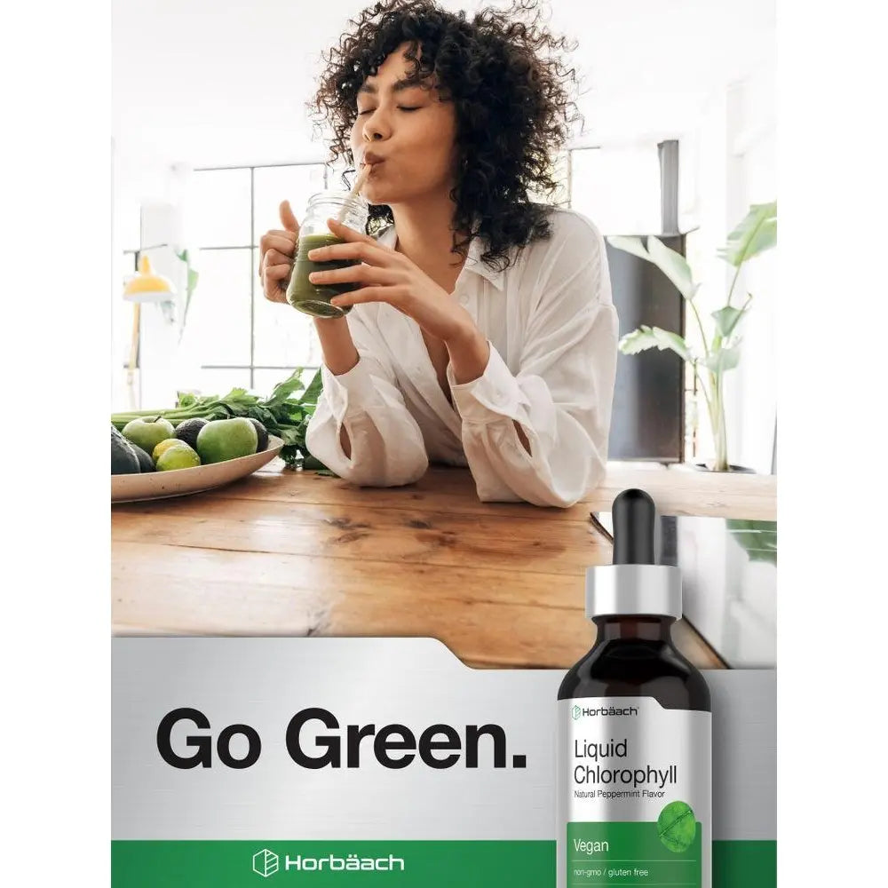 2-Piece Set Horbäach Liquid Chlorophyll Drops - 2 oz - Vegan, Non-GMO, and Gluten Free Formula - Natural Peppermint Flavor