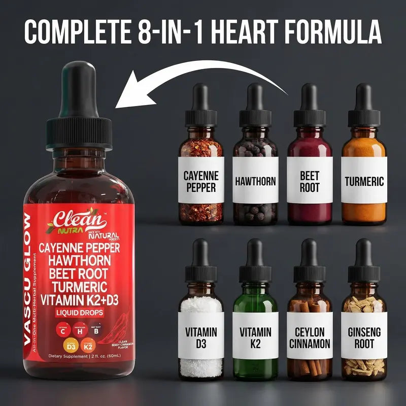Clean Nutra Cayenne Pepper Supplement Drops + Hawthorn, Beet Root,Turmeric, Vitamin D3 K2 & More for Wellness Liquid Drop – Vascu Glow