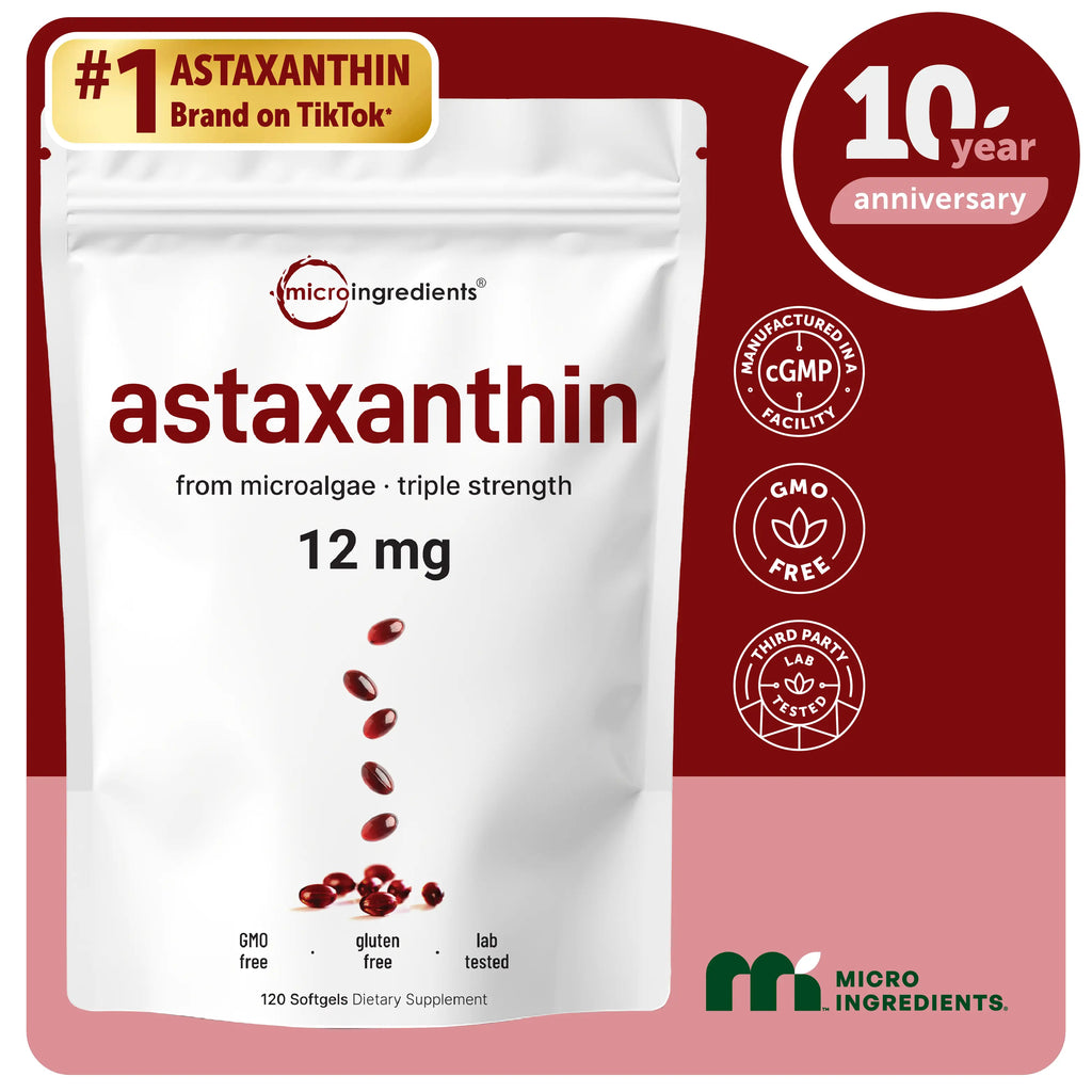2-Piece Set Micro Ingredients Astaxanthin 12mg, 120 softgels, tanning pills, Strength Carotenoids Skin Supplement w. 100%25 Natural Astaxanthin from MicroAlgae