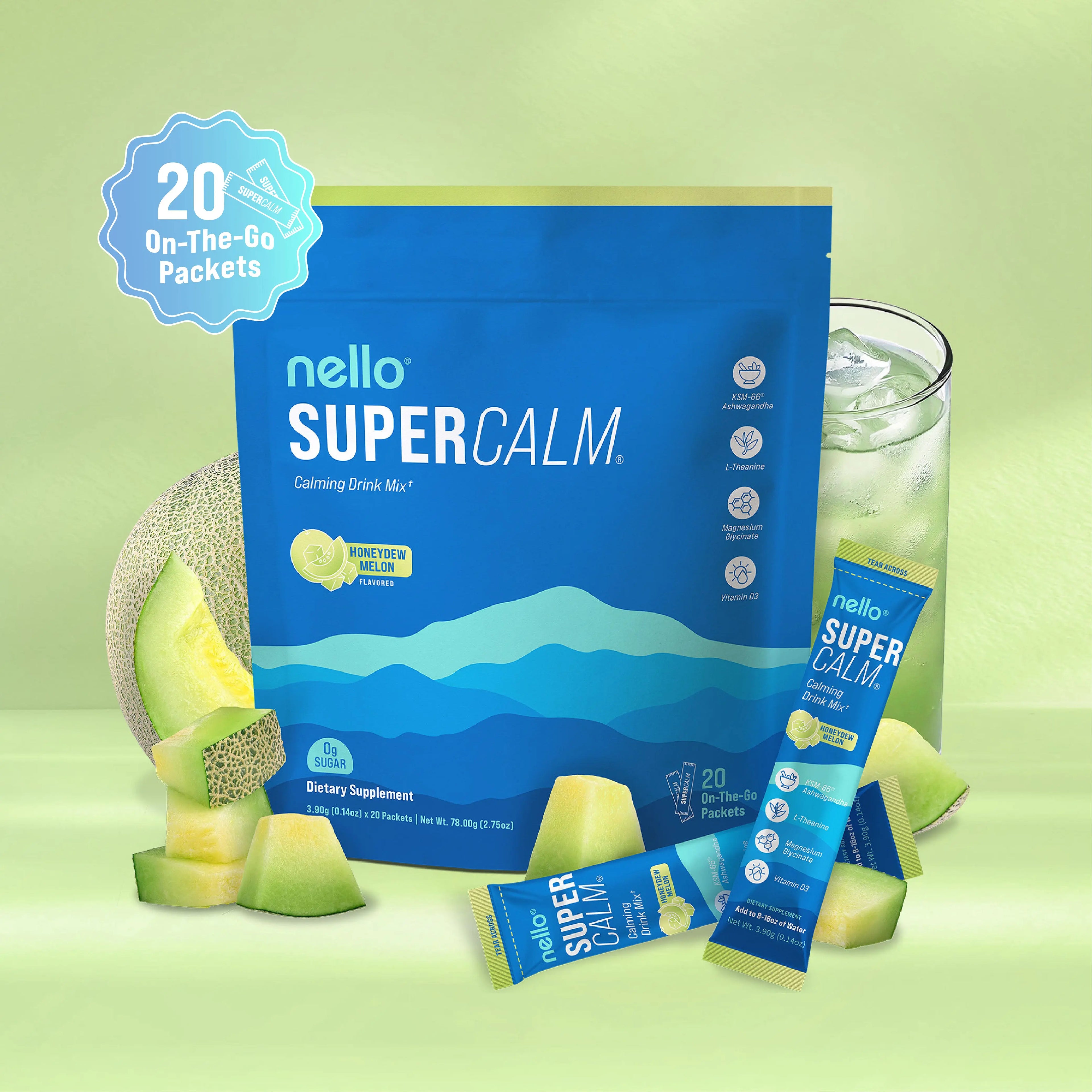 2-Piece Set Nello Supercalm Calming Drink Mix with KSM-66 Ashwagandha Vitamin D3 Magnesium & L-Theanine Supports Cortisol Balance Mood Sleep 20 Servings Travel Packets Dietary Supplement