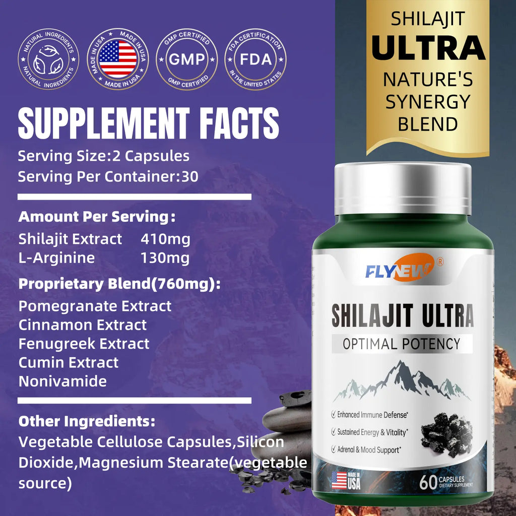 2-Piece Set FLYNEW Optimal Potency | Shilajit Ultra | Adaptogen Energy Stamina Immune Antioxidants | Made in USA | 60 Capsules