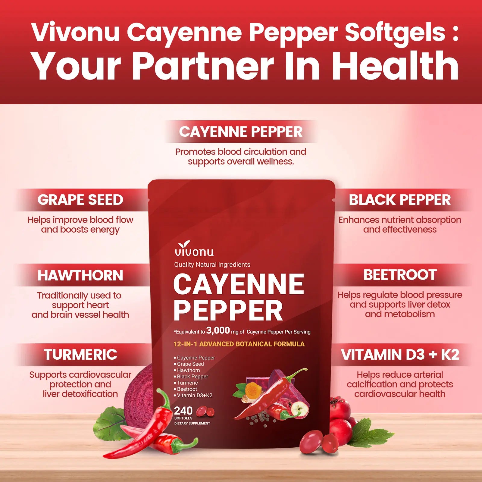 2-Piece Set Cayenne Pepper Softgels Supplement, Supports Leg Vein, Heart and Blood Vessel Health, with Vitamin E D3+K2 and Extracts of Grape Seed, Hawthorn, Beetroot and Others (240 Softge /1 Bag)