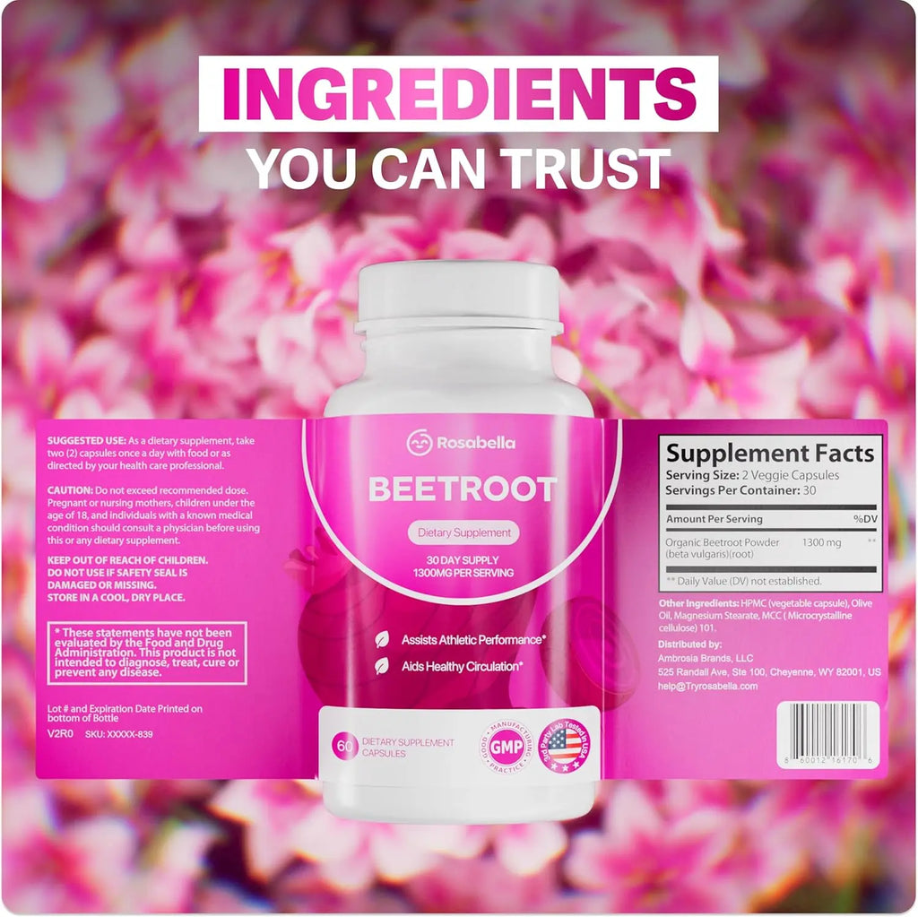 2-Piece Set Rosabella Organic Beetroot Capsules (1300mg) for Blood Flow & Heart Health