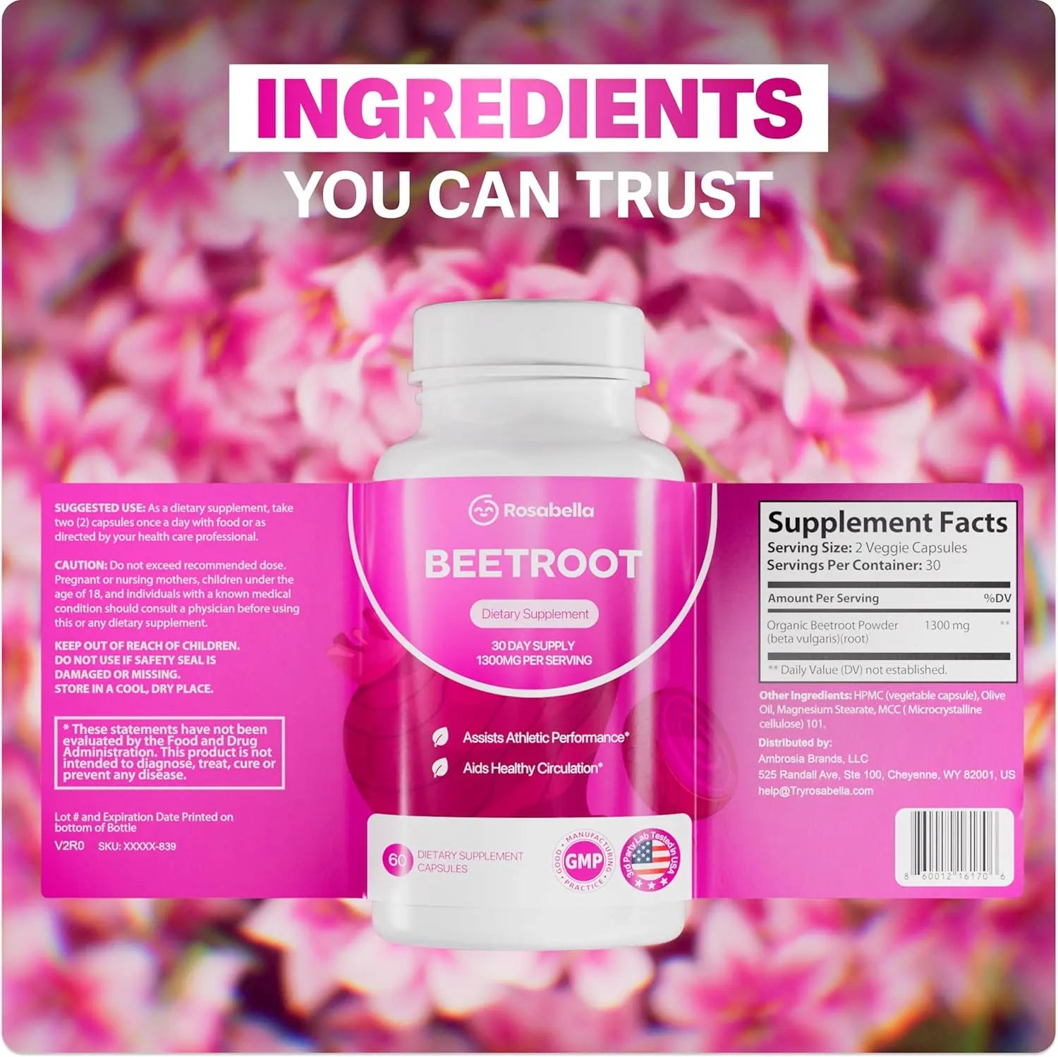 2-Piece Set Rosabella Organic Beetroot Capsules (1300mg) for Blood Flow & Heart Health