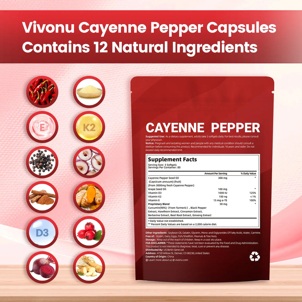 2-Piece Set Cayenne Pepper Softgels Supplement, Supports Leg Vein, Heart and Blood Vessel Health, with Vitamin E D3+K2 and Extracts of Grape Seed, Hawthorn, Beetroot and Others (240 Softge /1 Bag)