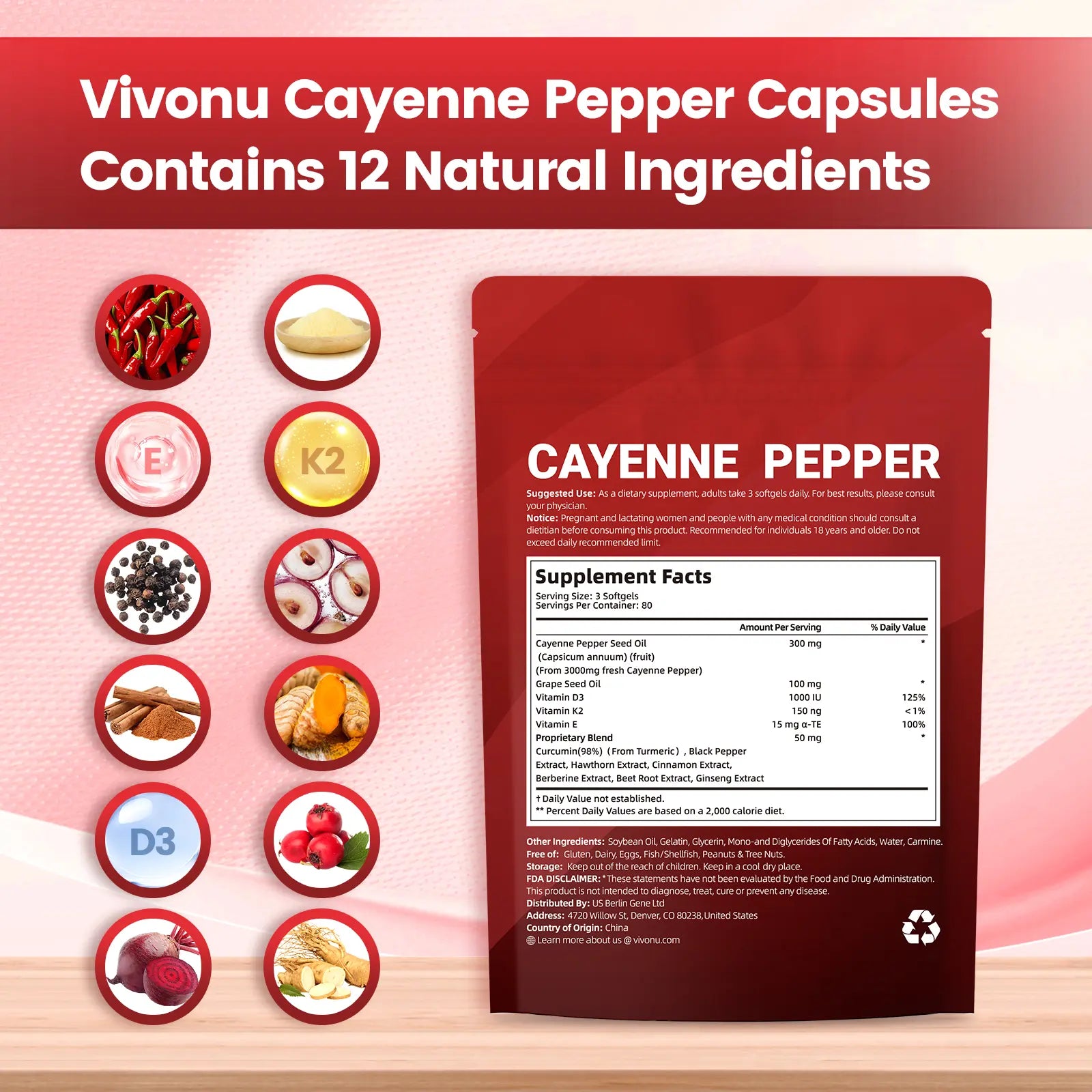 2-Piece Set Cayenne Pepper Softgels Supplement, Supports Leg Vein, Heart and Blood Vessel Health, with Vitamin E D3+K2 and Extracts of Grape Seed, Hawthorn, Beetroot and Others (240 Softge /1 Bag)