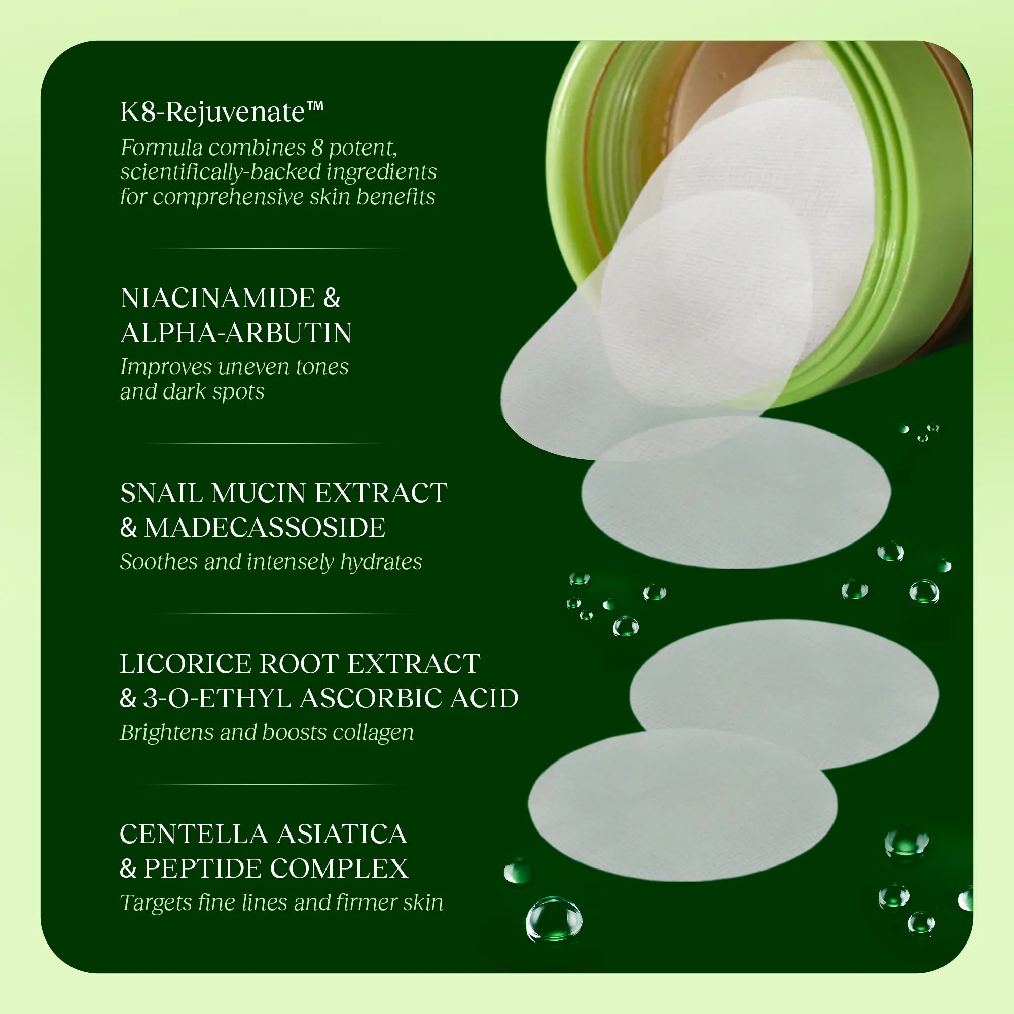 JIYU Renewal & Rejuvenation Toner Pads - Calming, Anti-Aging, Dark Spot Minimizing, Hydrating, Wrinkle Reducing Korean Skincare with Snail Mucin, Centella Asiatica, Niacinamide, Peptide Complex for Skin Repair, Gentle, Acne