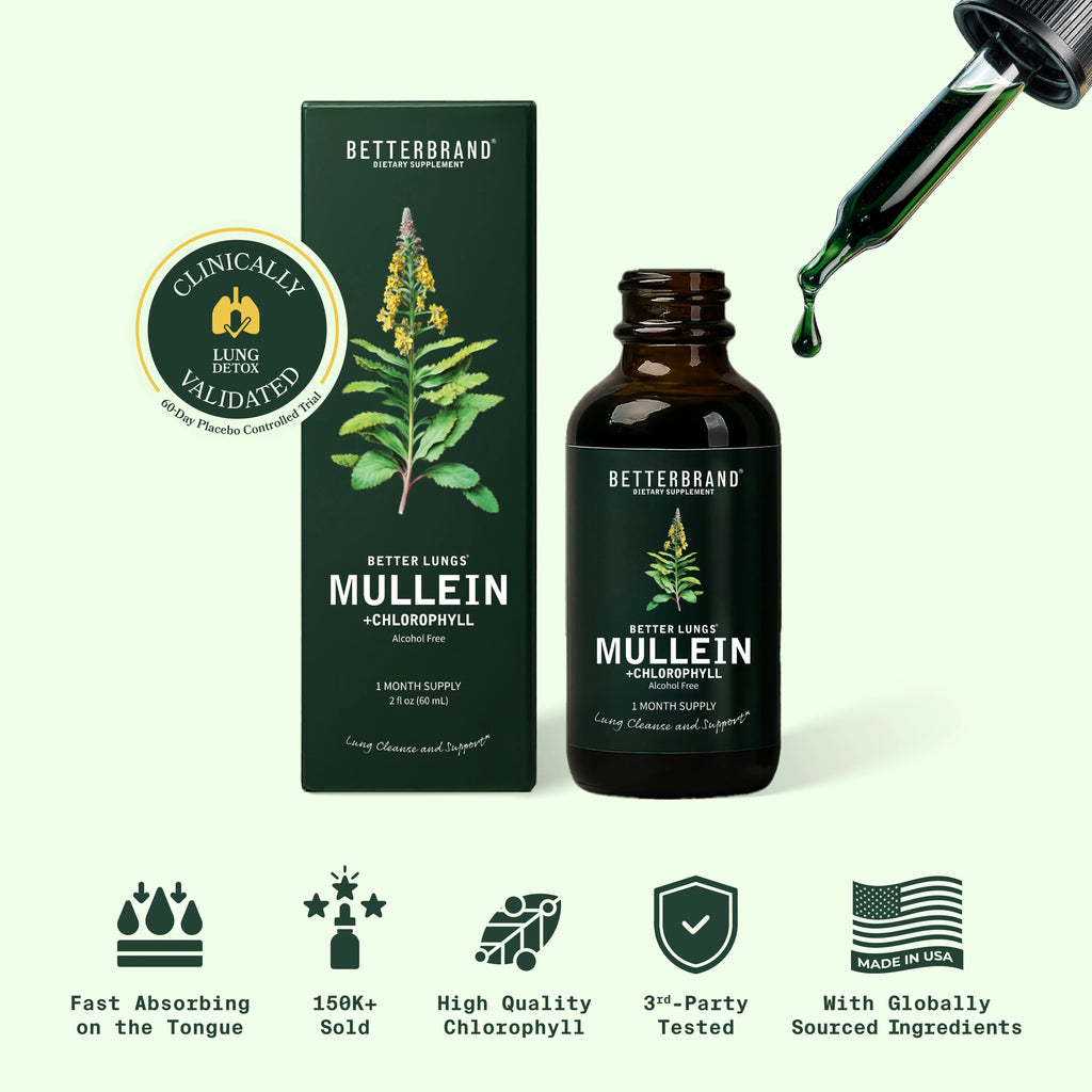 2-Piece Set Betterbrand Mullein Leaf & Chlorophyll Drops for Lung Detox & Mucus Cleanse - 30 Servings - Clinically Studied Natural Liquid Herbal Supplement for Respiratory Wellness
