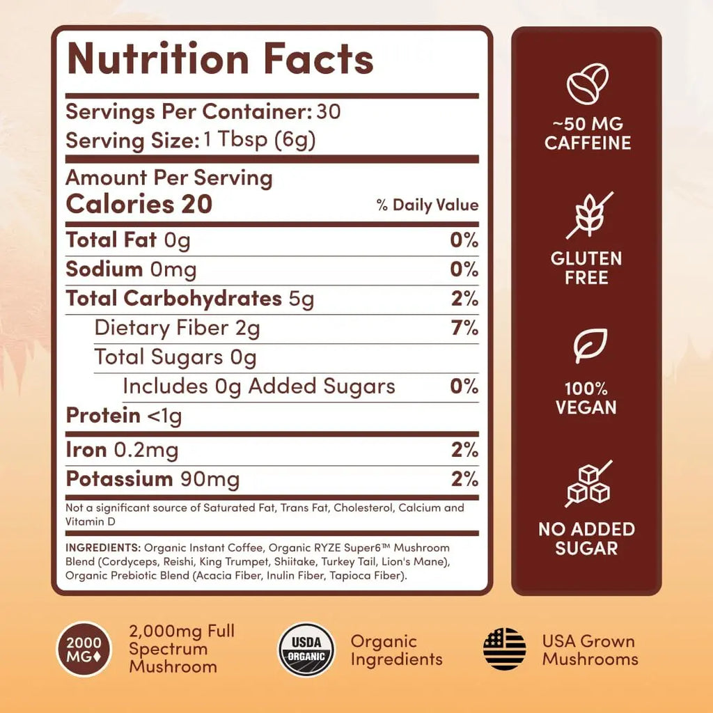 2-Piece Set RYZE SUPERFOODS Mushroom Medium Roast Coffee USDA Organic with 6 Adaptogenic Mushrooms, USA Grown Instant Coffee for Better Energy, Focus Digestion Immunity with Lions Mane & Turkey Tail 30 Servings