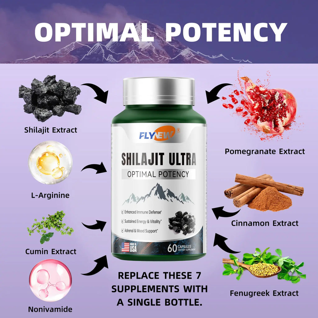 2-Piece Set FLYNEW Optimal Potency | Shilajit Ultra | Adaptogen Energy Stamina Immune Antioxidants | Made in USA | 60 Capsules