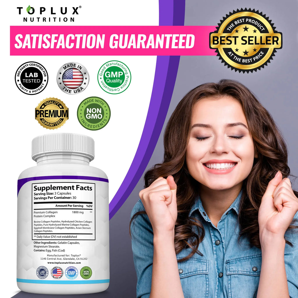2-Piece Set Toplux Nutrition Collagen Peptides 5 Types Complex 1800mg US Made Dietary Supplement for Health Beauty Fitness 90 Capsules