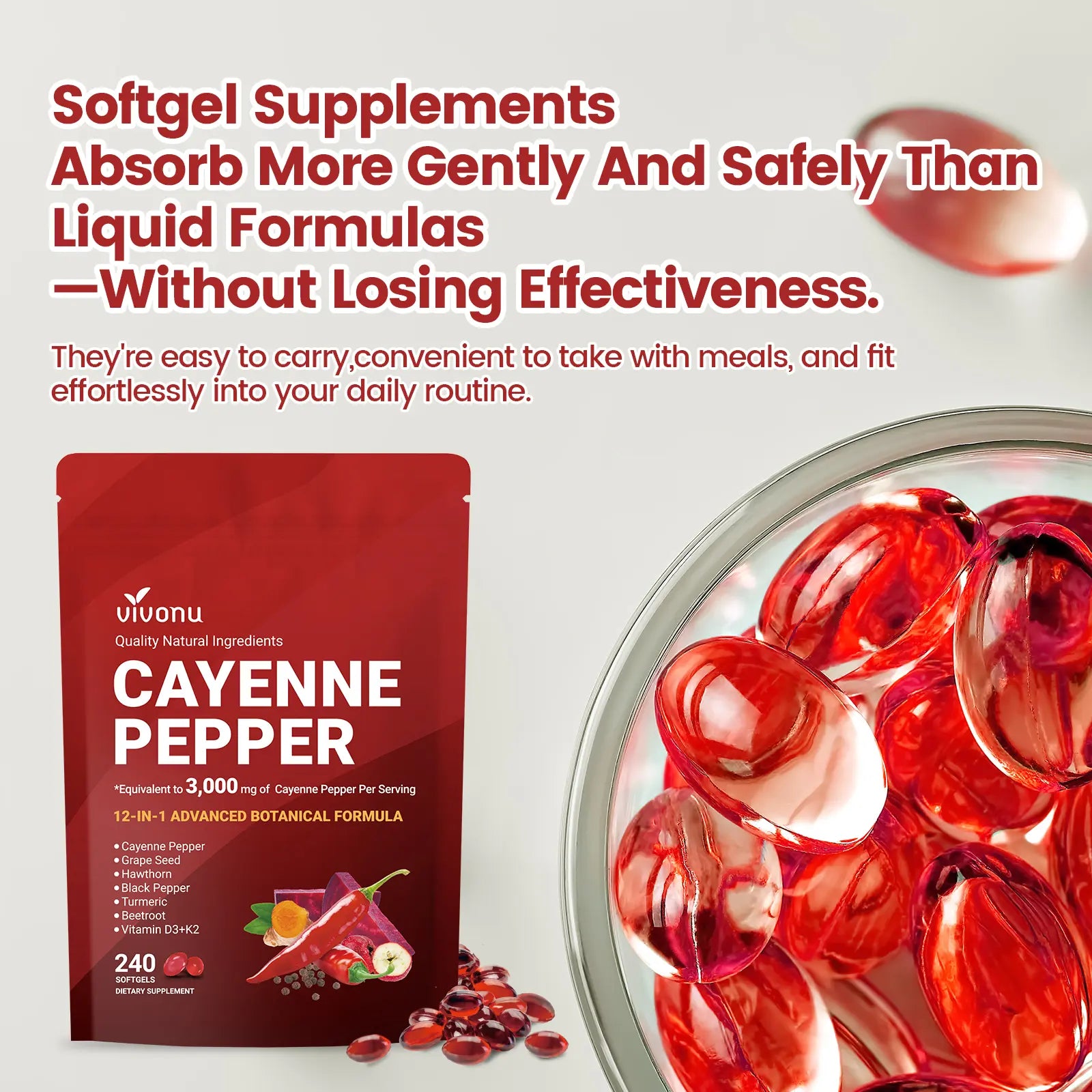 2-Piece Set Cayenne Pepper Softgels Supplement, Supports Leg Vein, Heart and Blood Vessel Health, with Vitamin E D3+K2 and Extracts of Grape Seed, Hawthorn, Beetroot and Others (240 Softge /1 Bag)