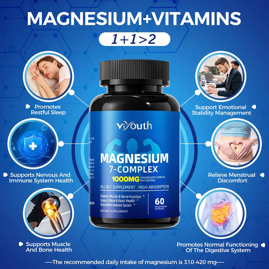 2-Piece Set Viyouth 1000mg Magnesium Complex - 10 Elemental Magnesium Complex & Zinc for Calming Sleep & Relax - US Made - Dietary Supplement for Hair Health Digestive Detox & Cortisol Balance-3rd Party Tested Tablets Fitness, magnesium glycinate Vitamin