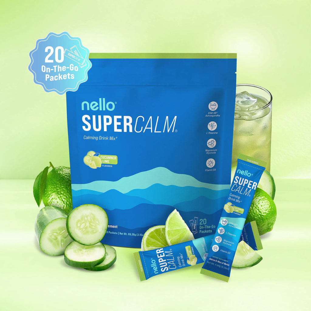 2-Piece Set Nello Supercalm Calming Drink Mix with KSM-66 Ashwagandha Vitamin D3 Magnesium & L-Theanine Supports Cortisol Balance Mood Sleep 20 Servings Travel Packets Dietary Supplement