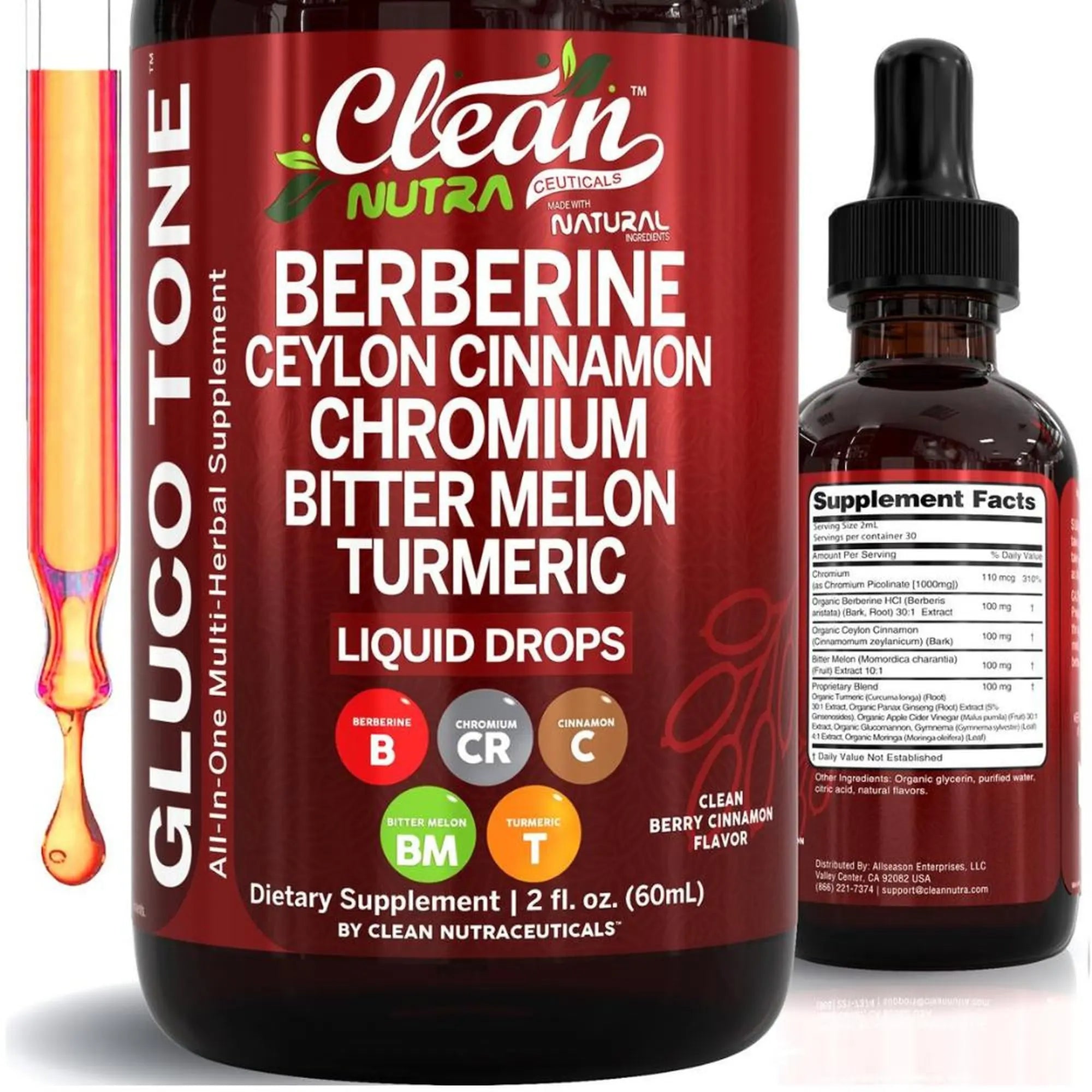 2-Piece Set Clean Nutra Berberine, Ceylon Cinnamon, Chromium, Bitter Melon, Turmeric, Glucomannan, Gymnema & More for Natural Wellness Liquid Drop – Gluco Tone