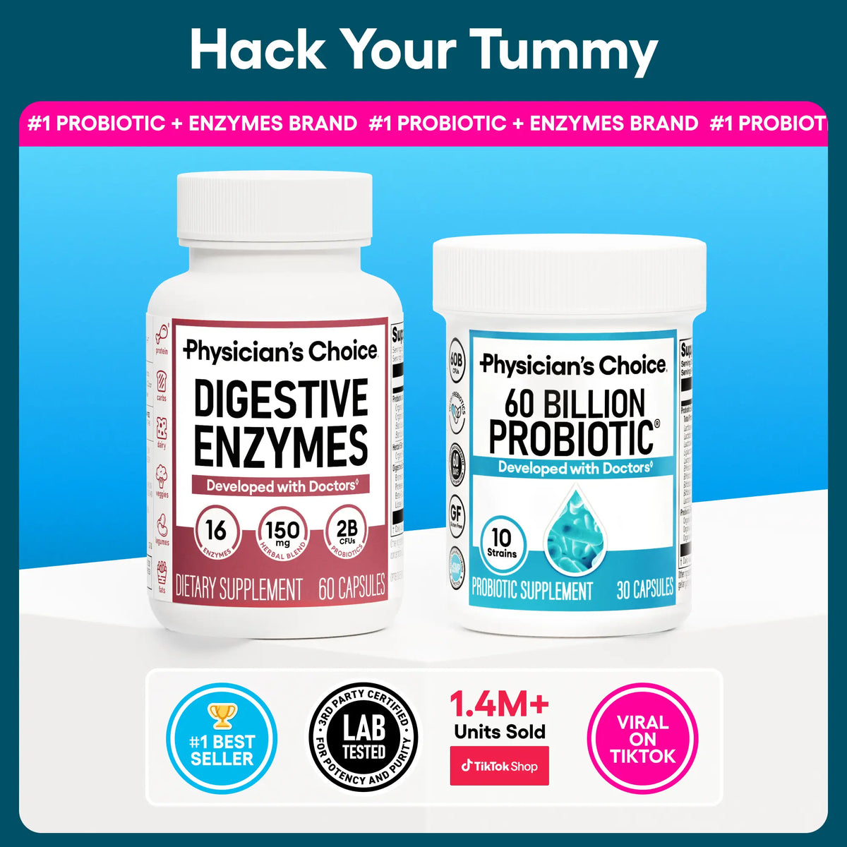 Physician's Choice Hack your Tummy Bundle: Bloating, Digestion & Immune Support for Men & Women with Digestive Enzymes & 60 Billion Probiotic