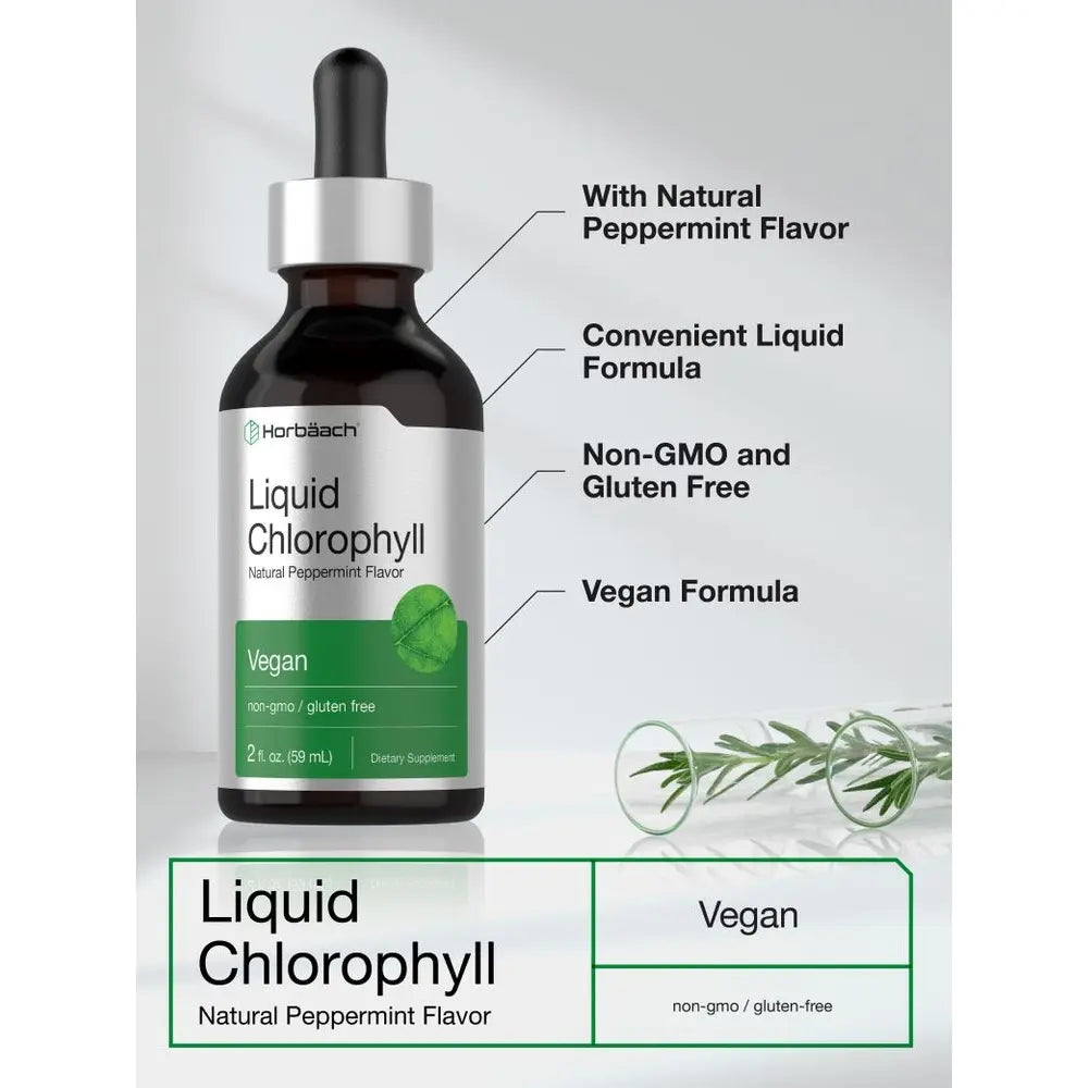 2-Piece Set Horbäach Liquid Chlorophyll Drops - 2 oz - Vegan, Non-GMO, and Gluten Free Formula - Natural Peppermint Flavor