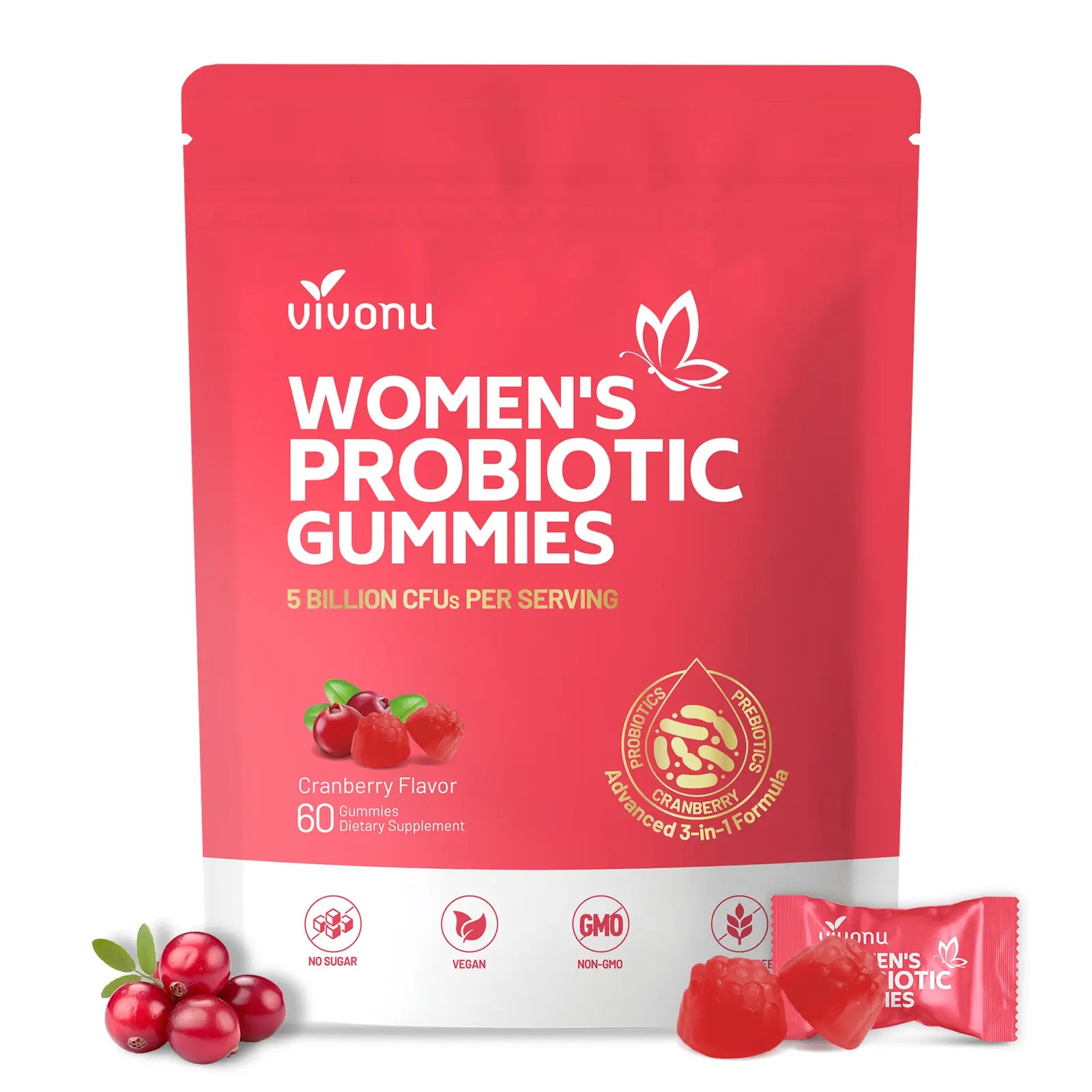 2-Piece Set Cranberry Probiotic Gummies | Targeting Body Odor, Women's Health, and Body Balance | Vegan (60 Gummies per Pack) SummerVibes