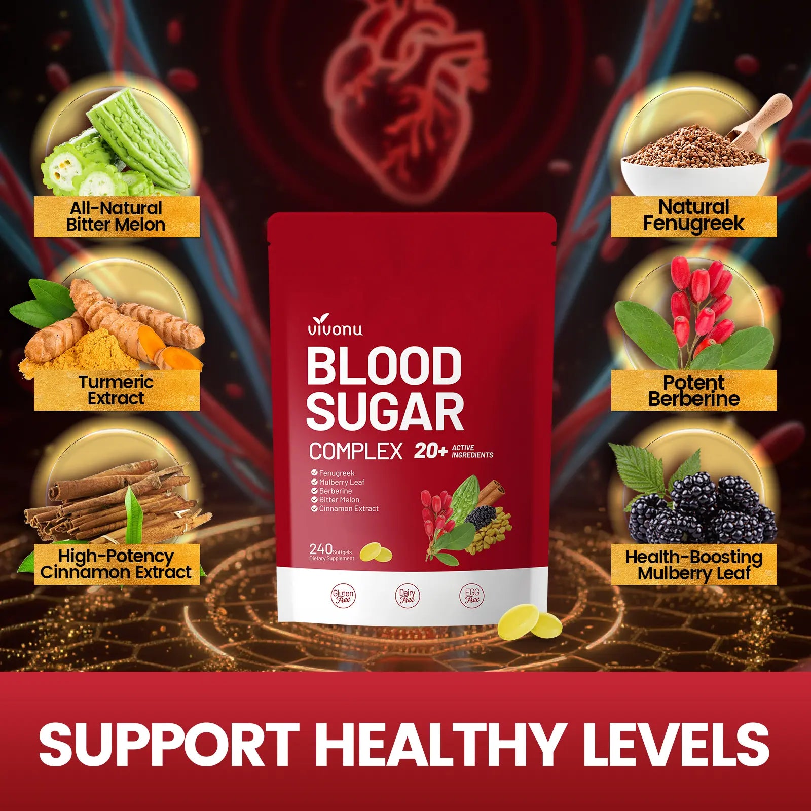 2-Piece Set VIVONU BLOOD SUGAR COMPLEX –Blood Sugar Balance | Antioxidant Support | Metabolic Support | Enhanced Absorption | Bitter Melon + Turmeric + Cinnamon + Mulberry Leaf + Berberine + Fenugreek | 240 Capsules per Bag mothersdaygift