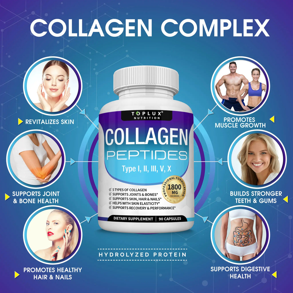 2-Piece Set Toplux Nutrition Collagen Peptides 5 Types Complex 1800mg US Made Dietary Supplement for Health Beauty Fitness 90 Capsules