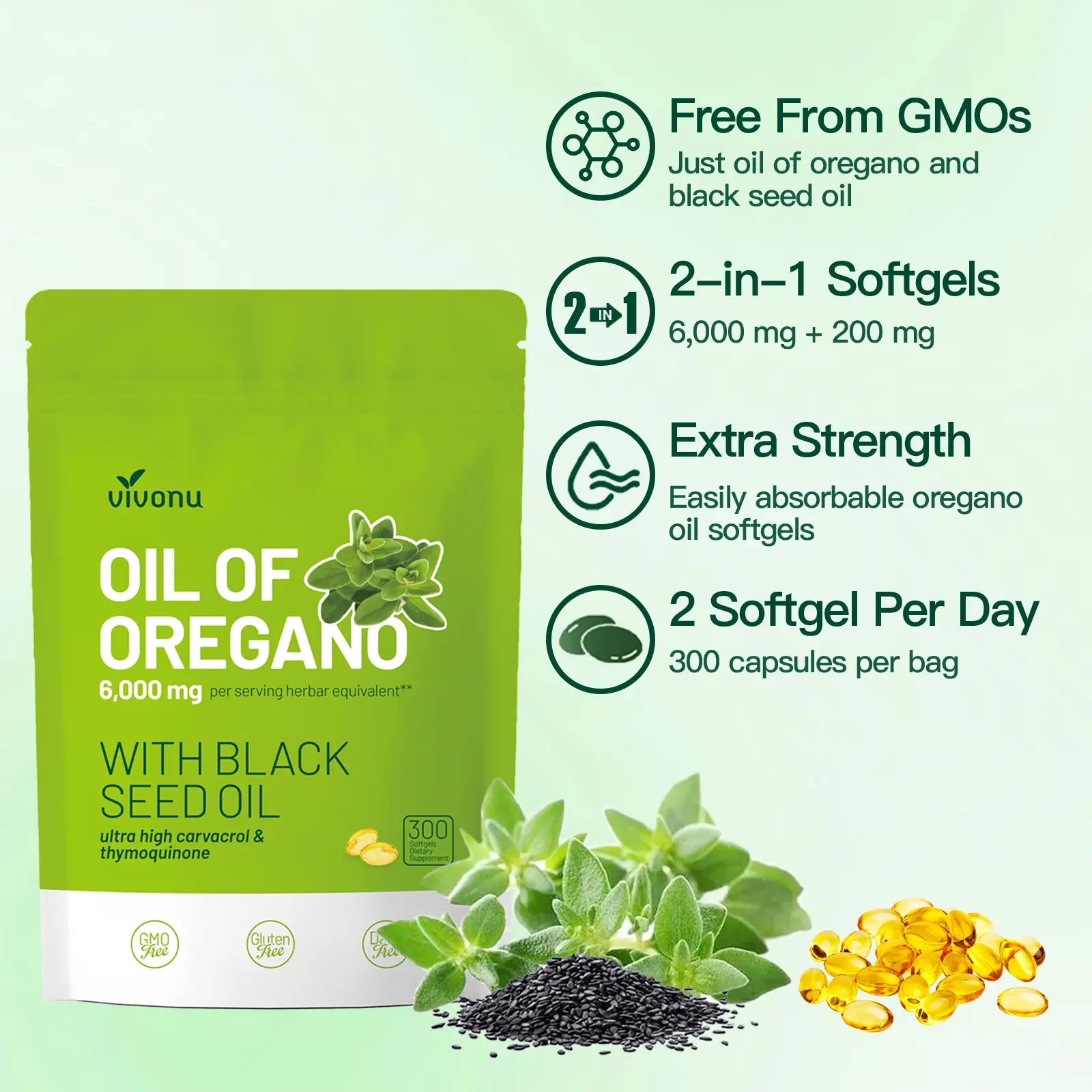 2-Piece Set VivoNu Organic Oregano Oil Capsules with Black Seed – 6000mg per Serving, 300 Softgels – Herbal Support for Wellness, Non-GMO, Gluten-Free