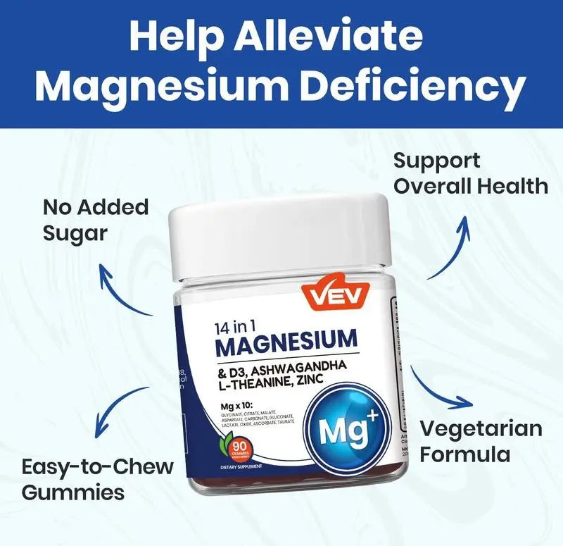 2-Piece Set VEV 14-in-1 Magnesium Gummies | Ashwagandha + L-Theanine + Vitamin D3 + Zinc | Sleep Support, Stress Relief & Immune Boost | Non-GMO, No Artificial Flavors | Adult Daily Gummy