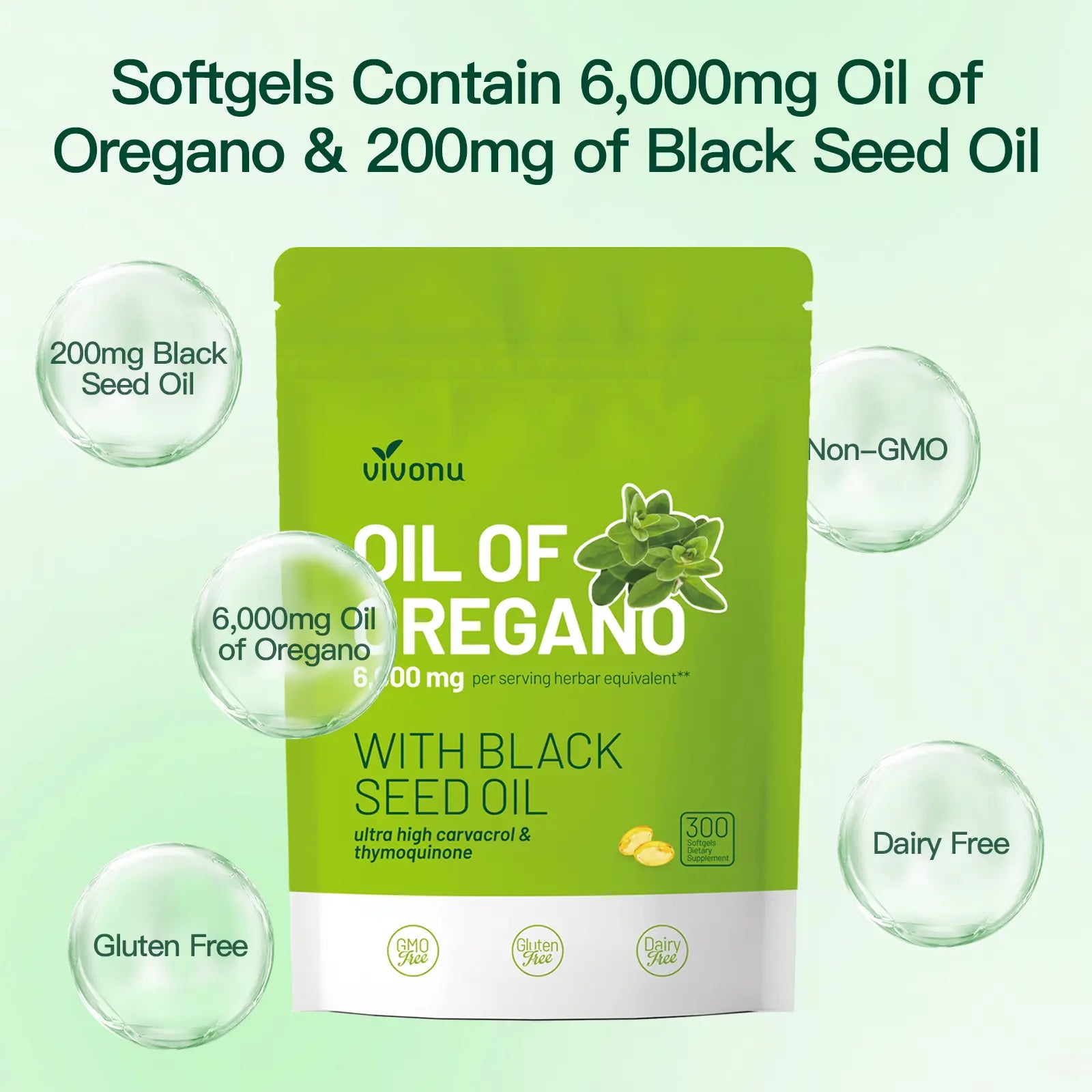 2-Piece Set VivoNu Organic Oregano Oil Capsules with Black Seed – 6000mg per Serving, 300 Softgels – Herbal Support for Wellness, Non-GMO, Gluten-Free