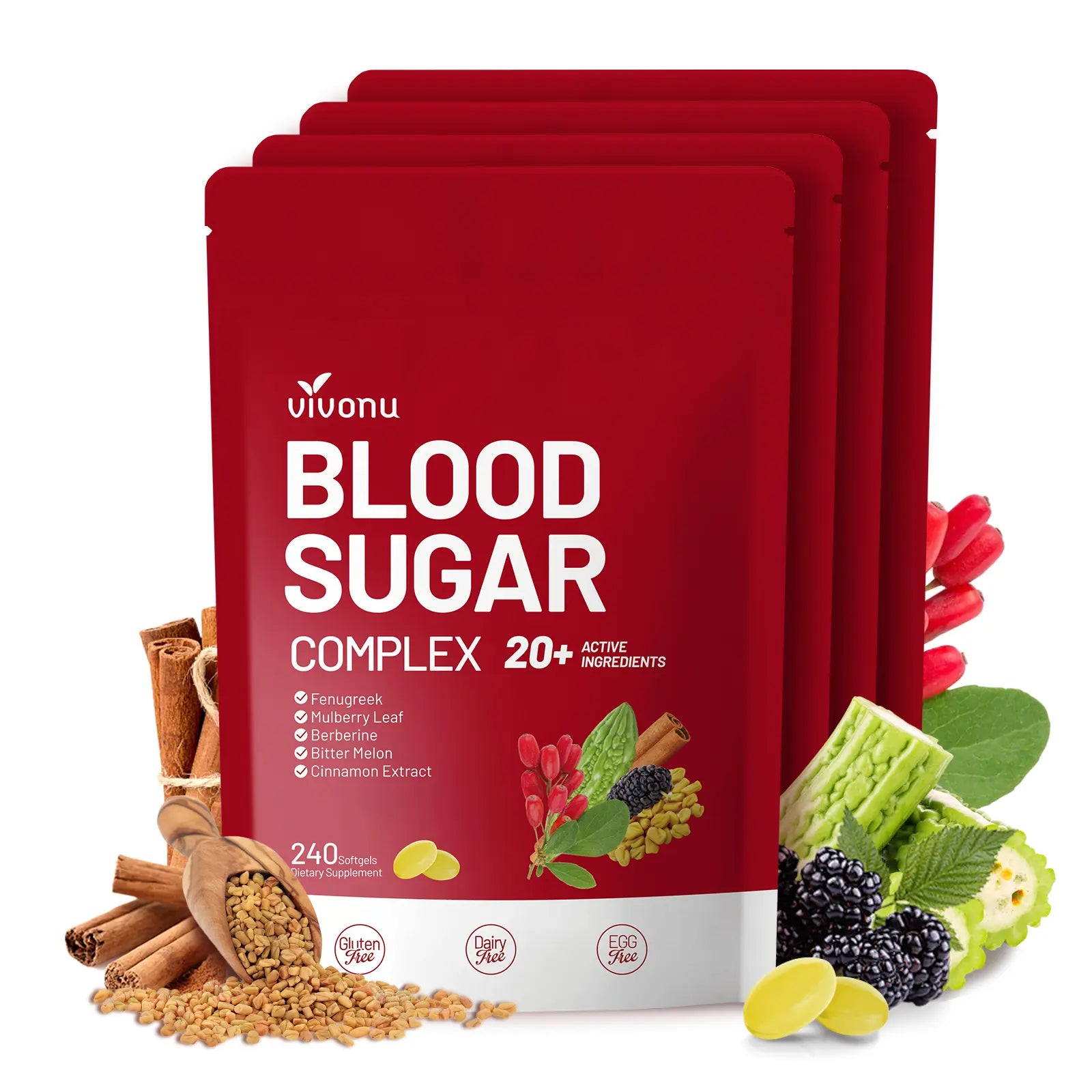 2-Piece Set VIVONU BLOOD SUGAR COMPLEX –Blood Sugar Balance | Antioxidant Support | Metabolic Support | Enhanced Absorption | Bitter Melon + Turmeric + Cinnamon + Mulberry Leaf + Berberine + Fenugreek | 240 Capsules per Bag mothersdaygift