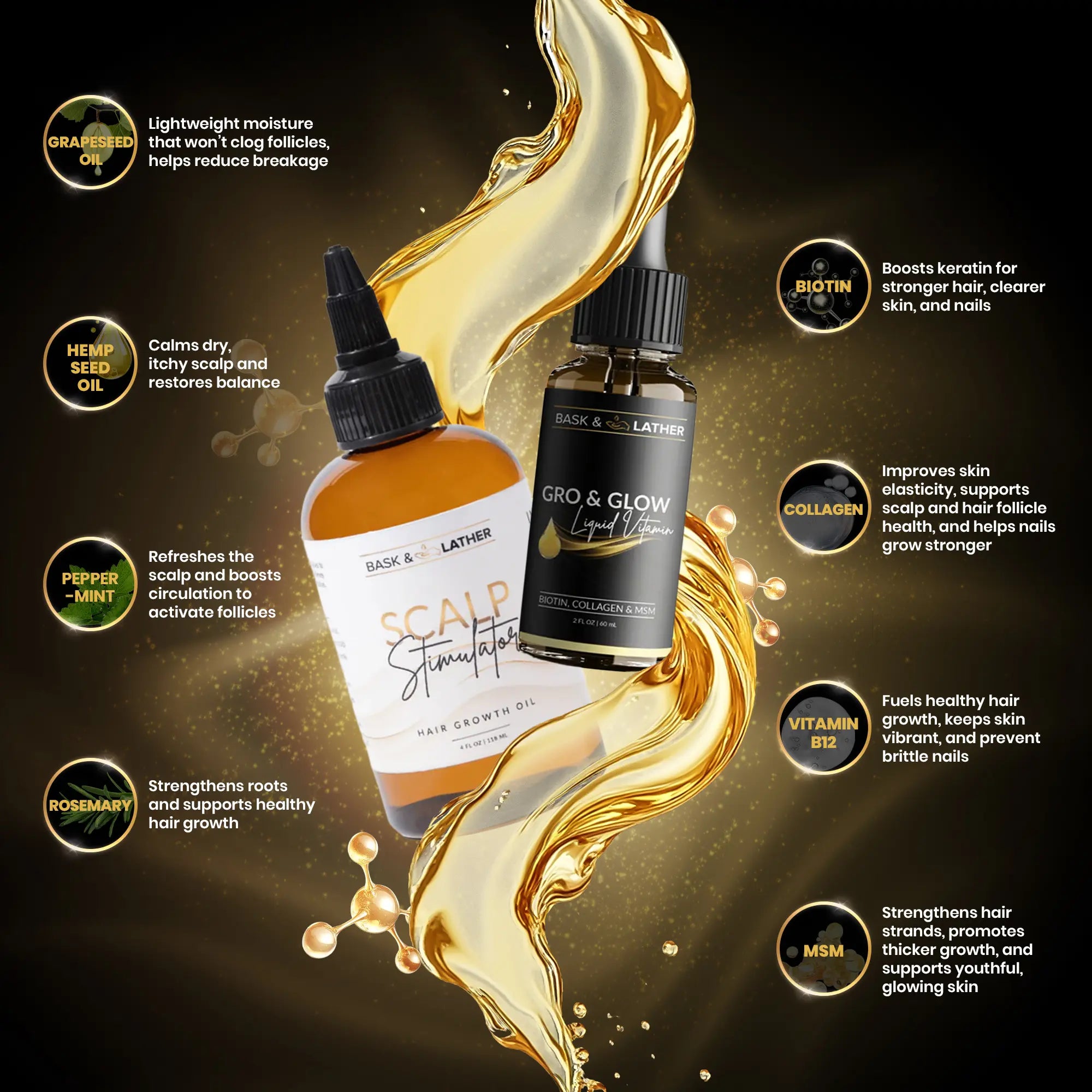 2-Piece Set BASK AND LATHER Scalp Stimulator Hair Growth Oil - Lightweight Rosemary & Mint Blend for Thicker, Fuller Hair, Alopecia Support & Hair Regrowth