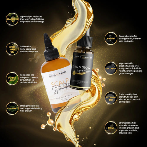 2-Piece Set BASK AND LATHER Scalp Stimulator Hair Growth Oil - Lightweight Rosemary & Mint Blend for Thicker, Fuller Hair, Alopecia Support & Hair Regrowth