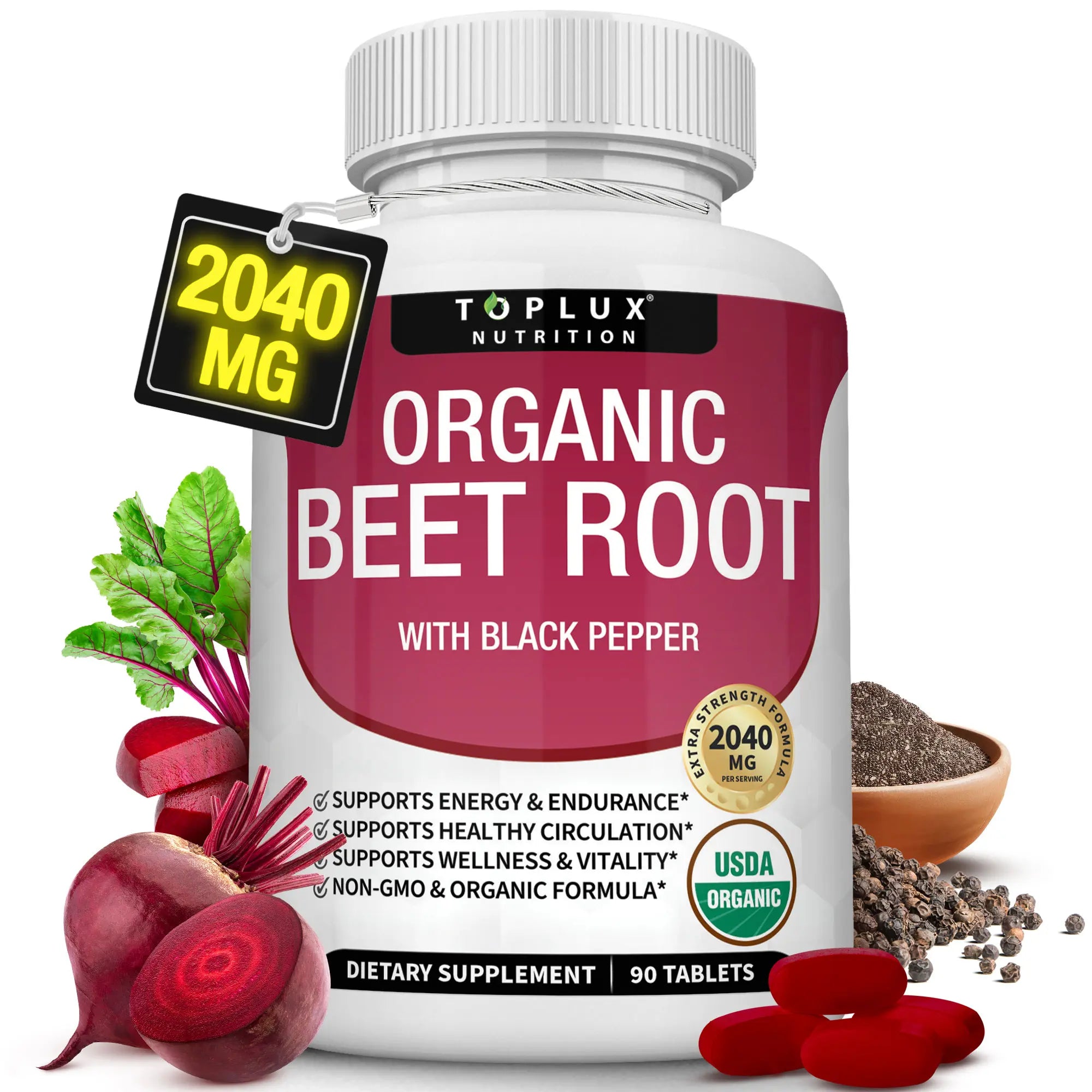 2-Piece Set Toplux Organic Beet Root Tablets -  Nitric Oxide Booster Beetroot Supplement 2040mg