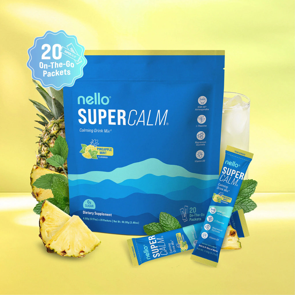 2-Piece Set Nello Supercalm Calming Drink Mix with KSM-66 Ashwagandha Vitamin D3 Magnesium & L-Theanine Supports Cortisol Balance Mood Sleep 20 Servings Travel Packets Dietary Supplement