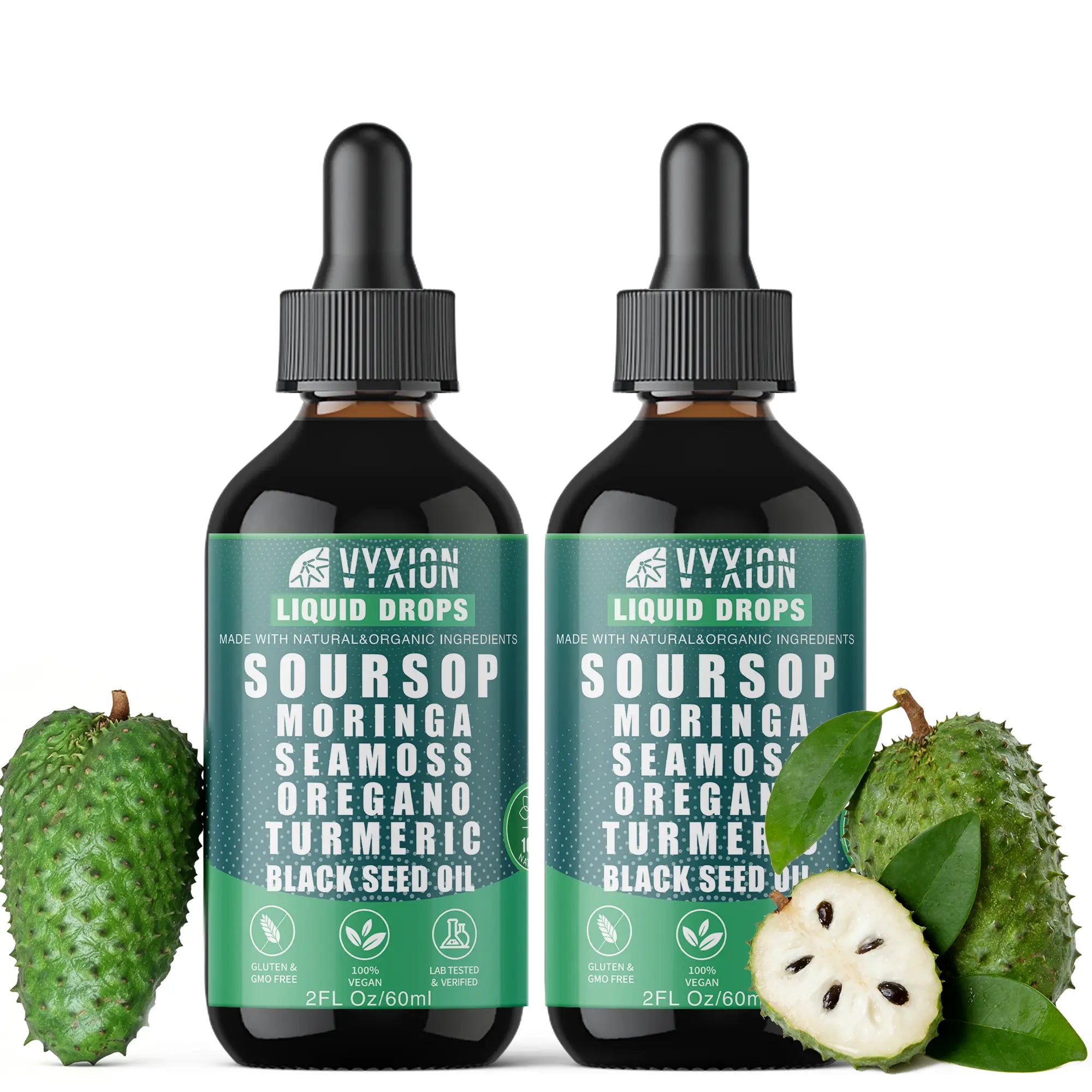 2-Piece Set VYXION Pure Soursop 10 in 1 Liquid Drops Extract - Seamoss,Moringa,Black Seed Oil,Turmeric,Oregano Liquid Drops for Immune System and Gut Health Support
