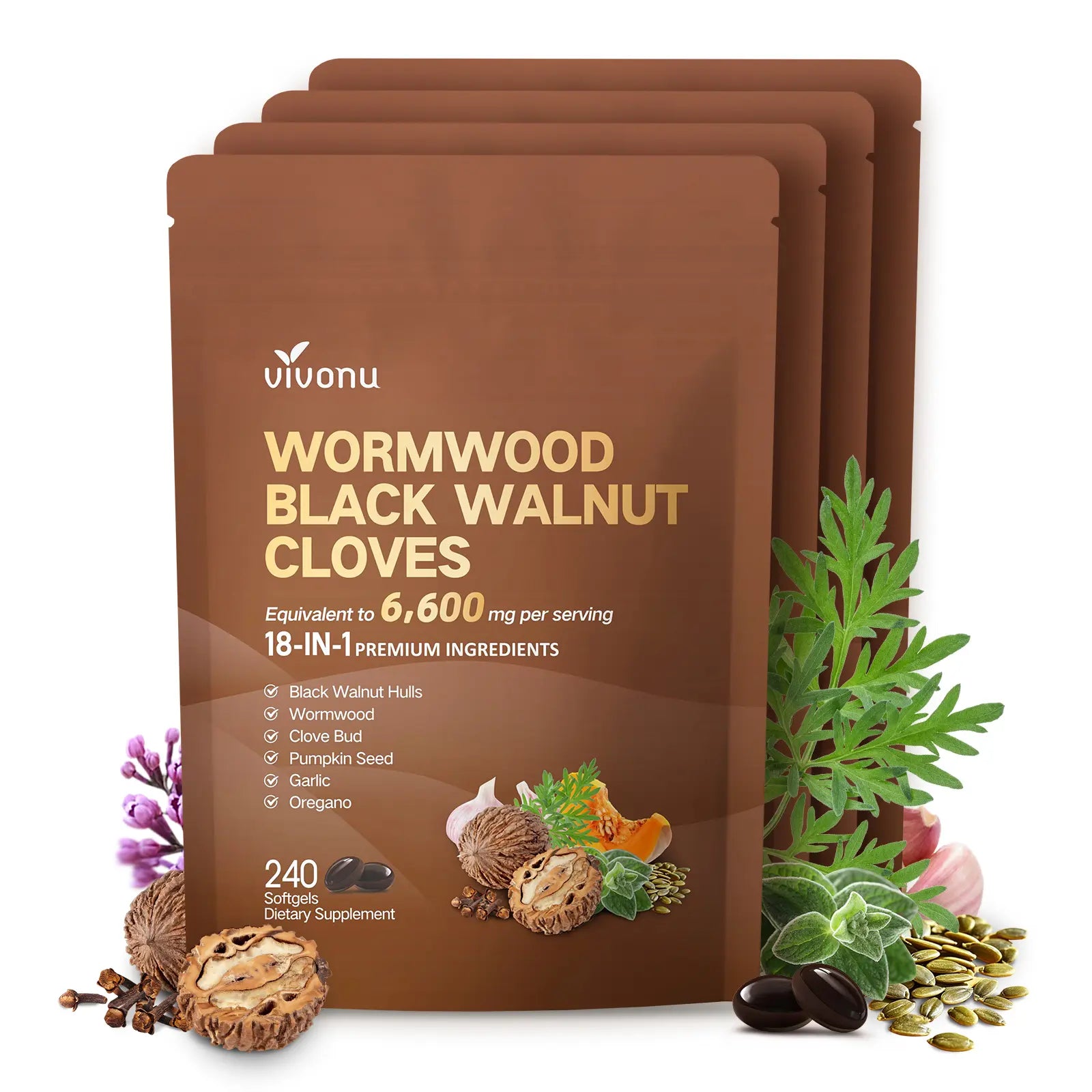 2-Piece Set VIVONU Wormwood Black Walnut Cloves Capsules - Boost Metabolism & Enhance Energy | Contains Black Walnut, Garlic, Wormwood, and More | 240 Capsules (80-Day Supply)