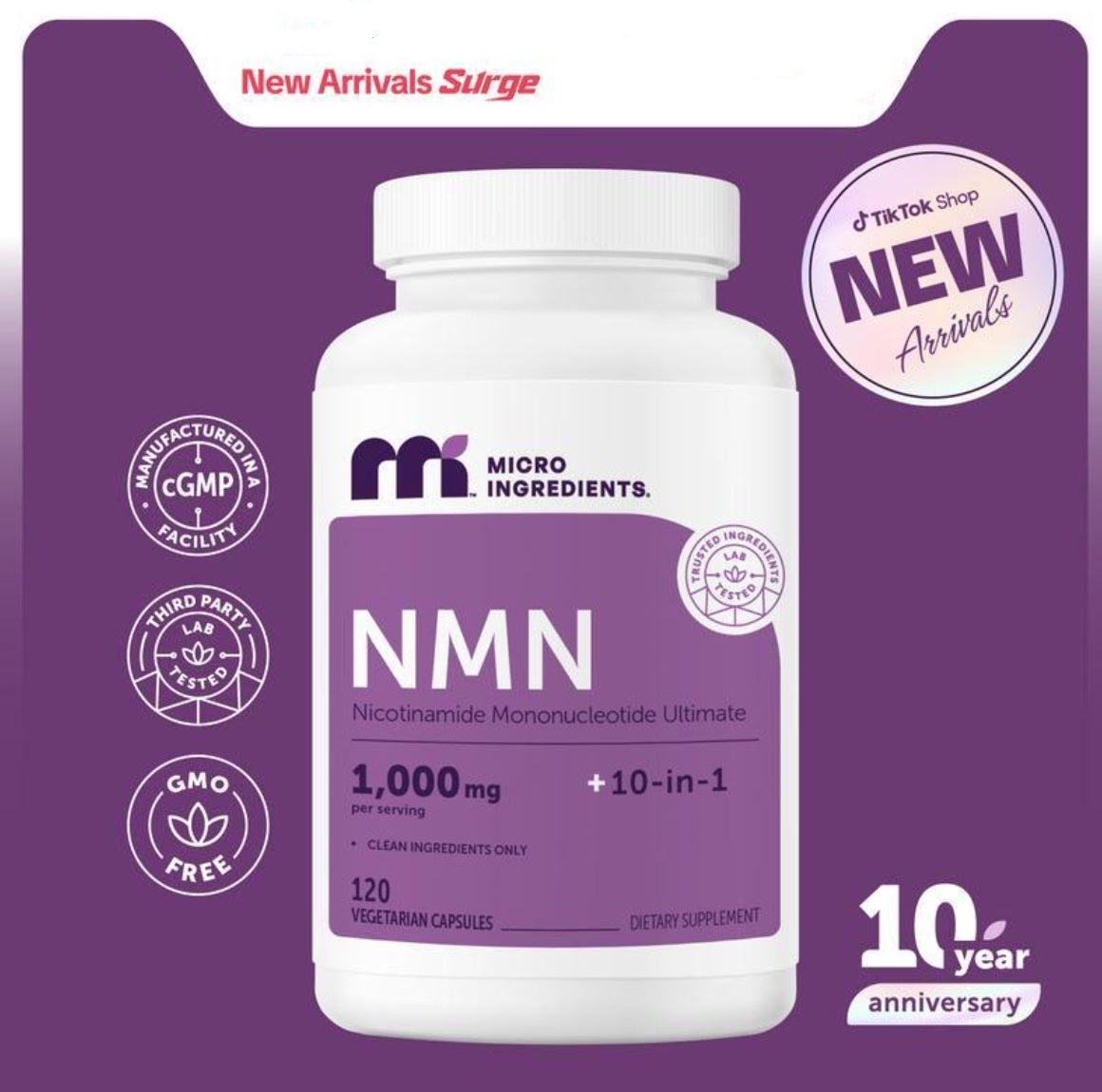 2-Piece Set Micro Ingredients NMN Complex 1,000mg Per Serving, 10-1 Complex, Zero Filler, Pure NMN 500mg with Vitamin C, Resveratrol, CoQ10, TMG, Quercetin, & Glutathione | NAD+ Supplement Precursor