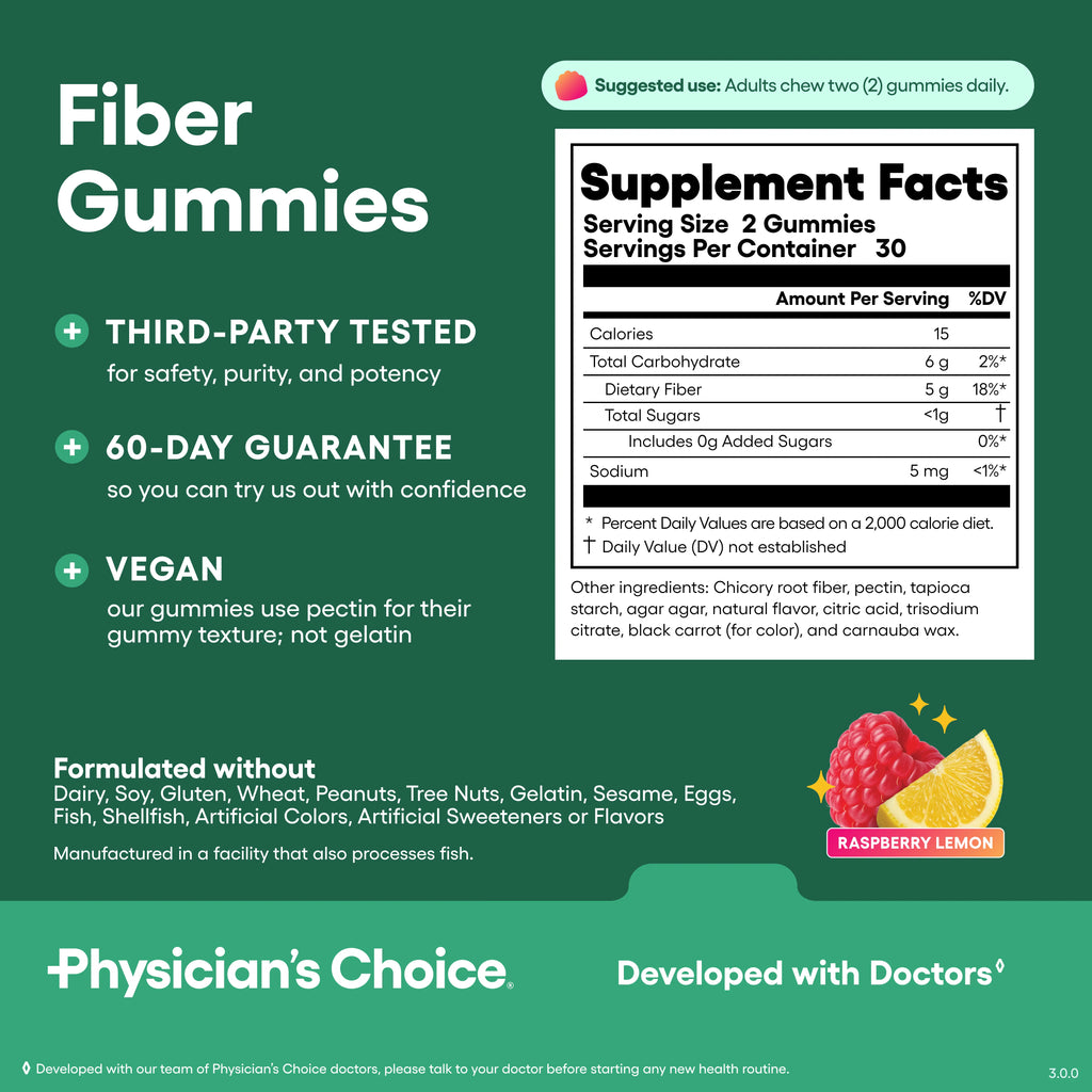 2-Piece Set Physician’s Choice Fiber Gummies for Digestive Health & Regularity - Raspberry Lemon Flavor - No Sugar Added & Vegan - Daily Gummy for Adults