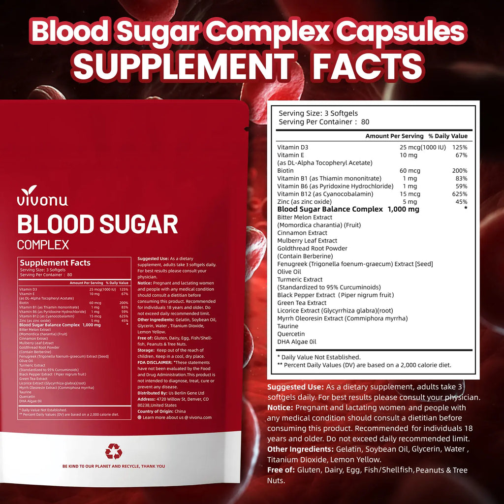 2-Piece Set VIVONU BLOOD SUGAR COMPLEX –Blood Sugar Balance | Antioxidant Support | Metabolic Support | Enhanced Absorption | Bitter Melon + Turmeric + Cinnamon + Mulberry Leaf + Berberine + Fenugreek | 240 Capsules per Bag mothersdaygift